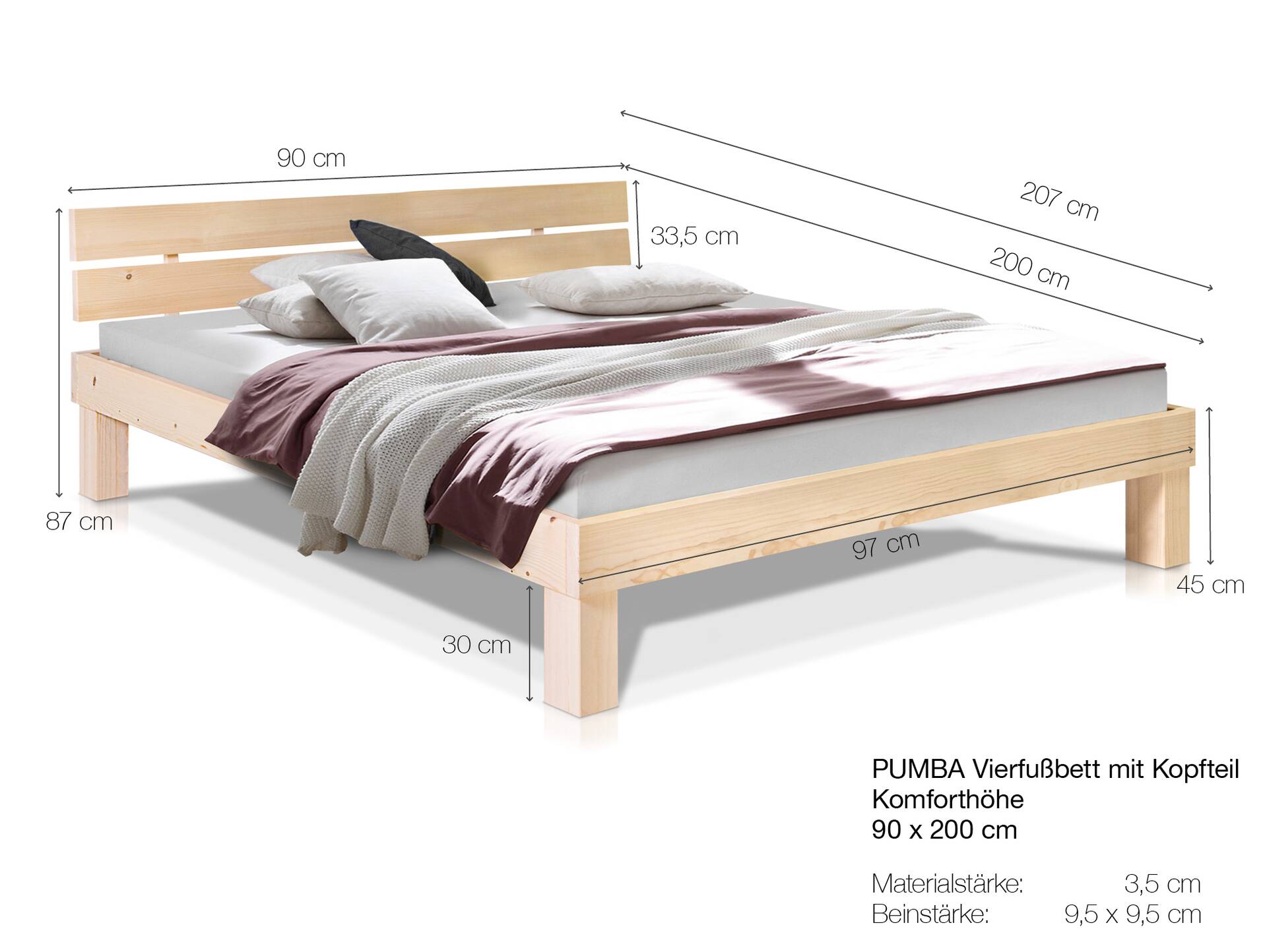 PUMBA Massivholzbett mit Kopfteil, Material Massivholz, Fichte 90 x 200 cm | natur | Komforthöhe