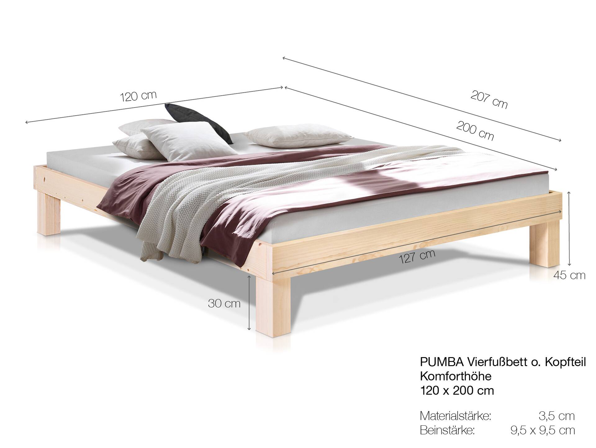 PUMBA Massivholzbett ohne Kopfteil Fichte 120 x 200 cm | eichefarbig | Komforthöhe