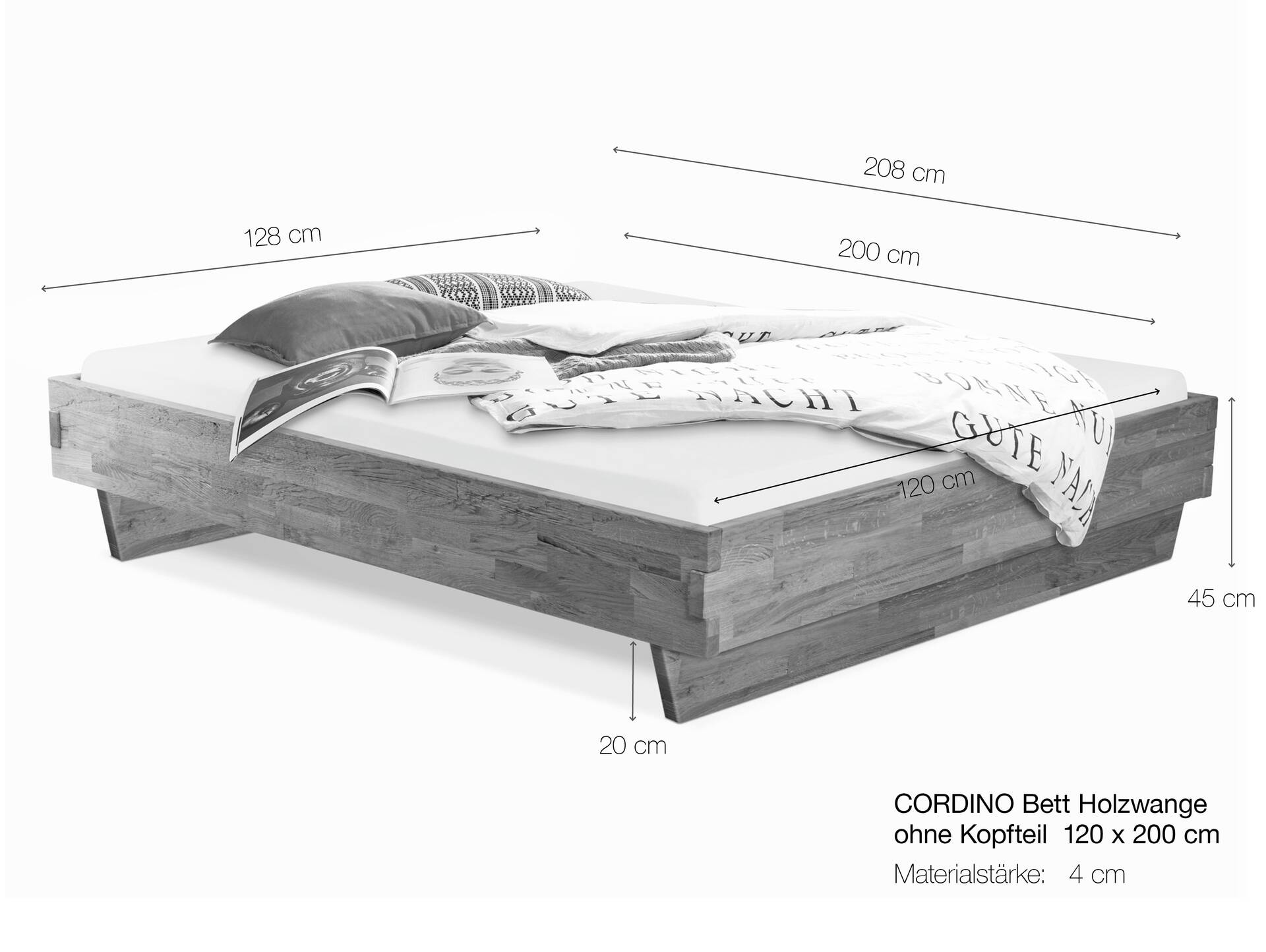 CORDINO Wangenbett aus Eiche, Material Massivholz, ohne Kopfteil 120 x 200 cm | Eiche unbehandelt | gebürstet