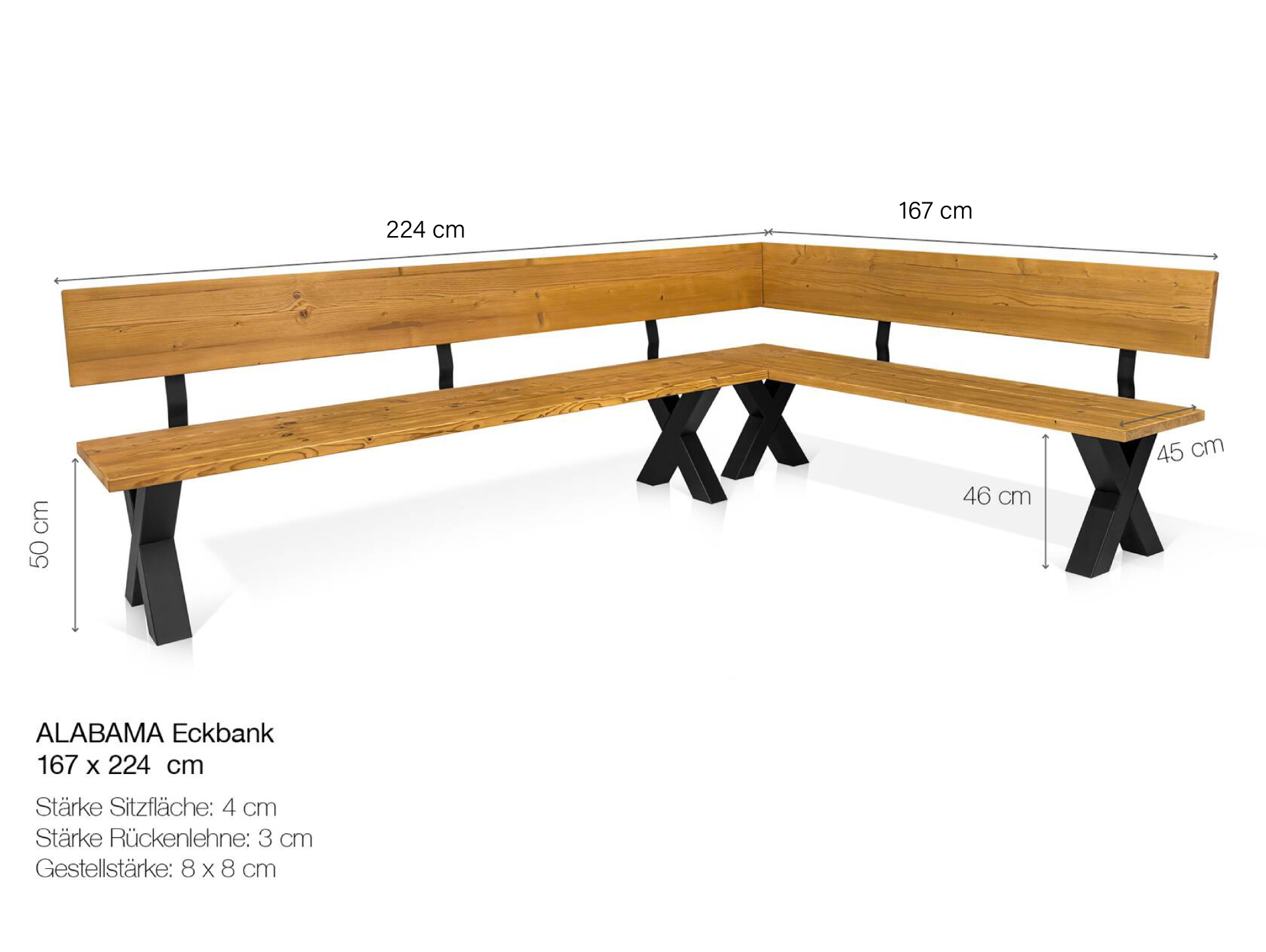 ALABAMA Eckbank mit X-Beinen, Altholzoptik, Material Massivholz, THERMO-Fichte lackiert 167 x 224 cm | natur