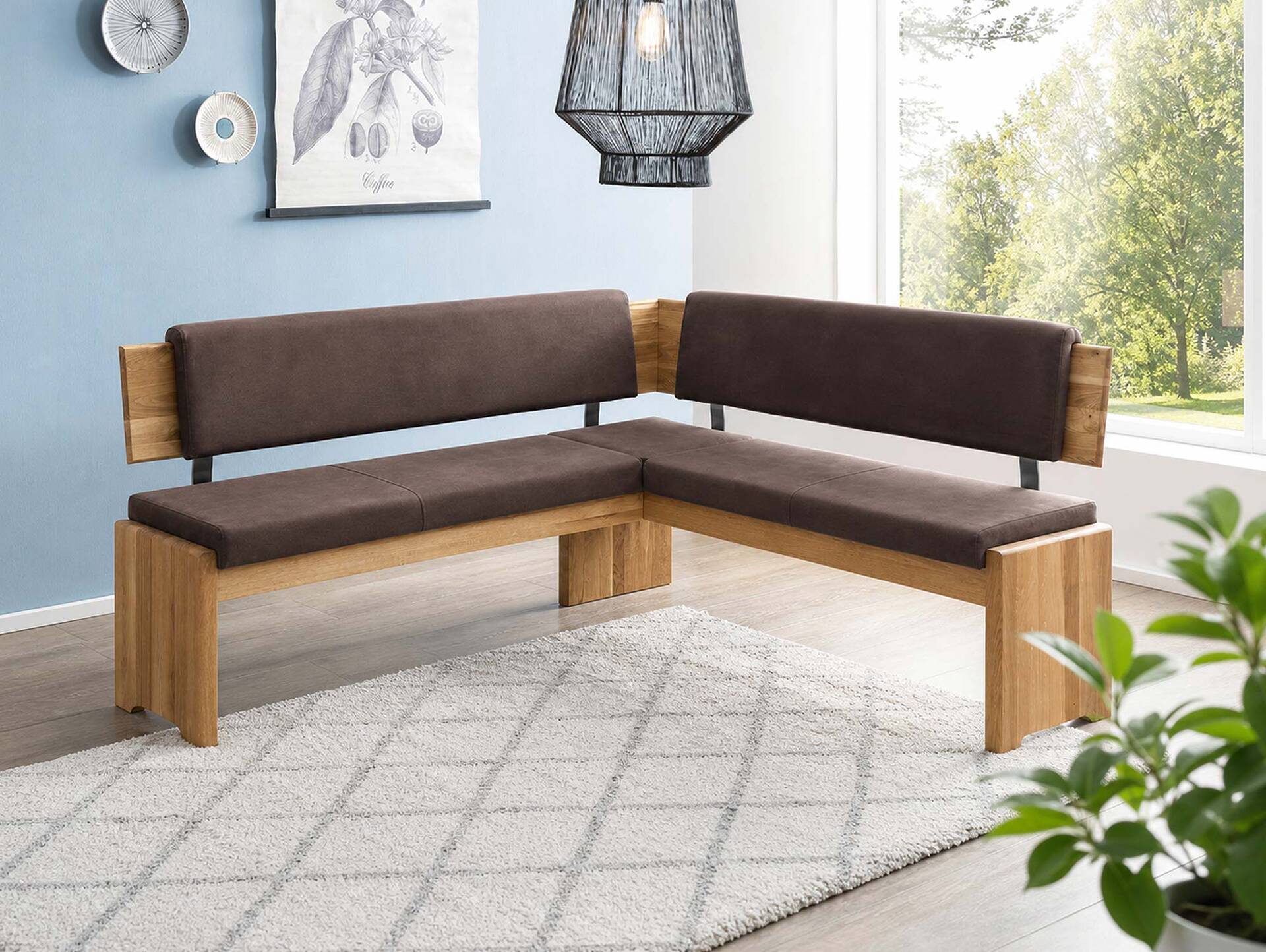 BERGAMO Eckbank mit Truhe aus Eiche, Material Massivholz/Bezug Mikrofaser 167 x 147 cm | braun