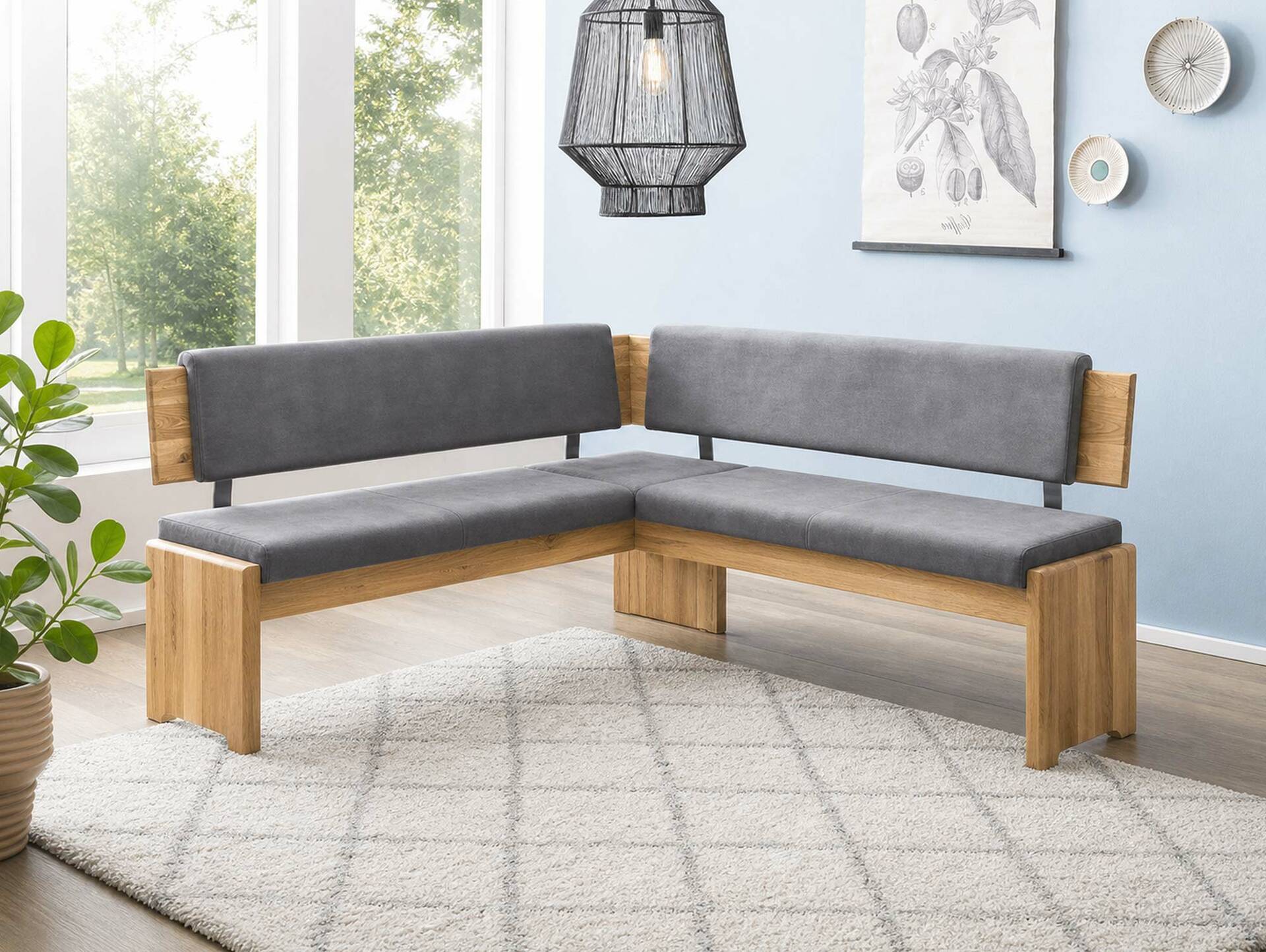 BERGAMO Eckbank mit Truhe aus Eiche, Material Massivholz/Bezug Mikrofaser 147 x 167 cm | grau