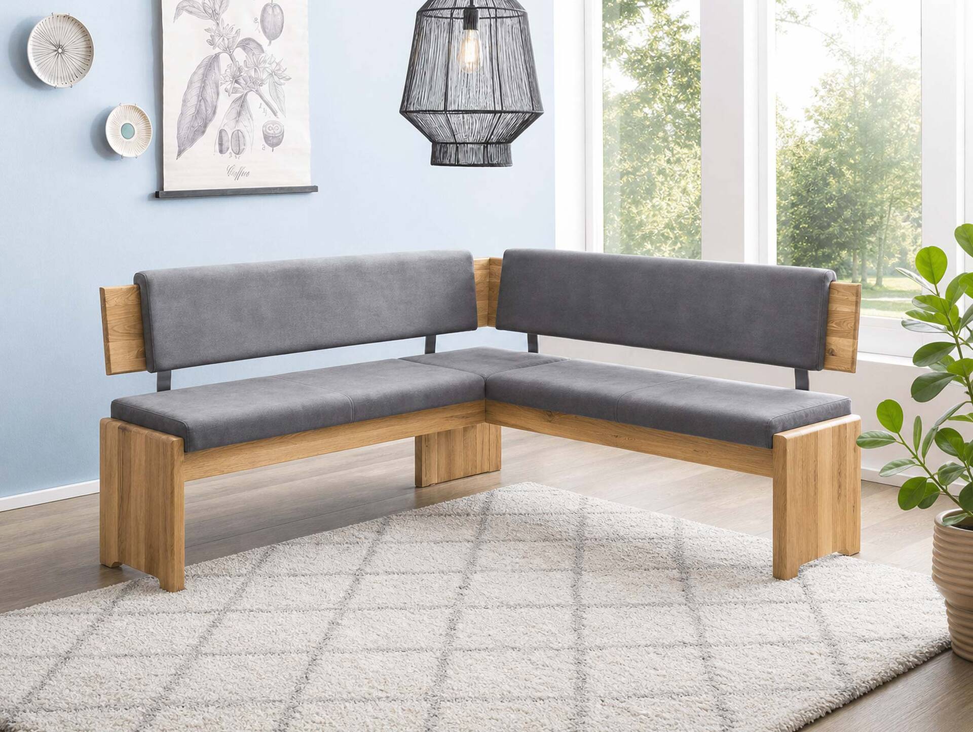 BERGAMO Eckbank mit Truhe aus Eiche, Material Massivholz/Bezug Mikrofaser 167 x 147 cm | grau