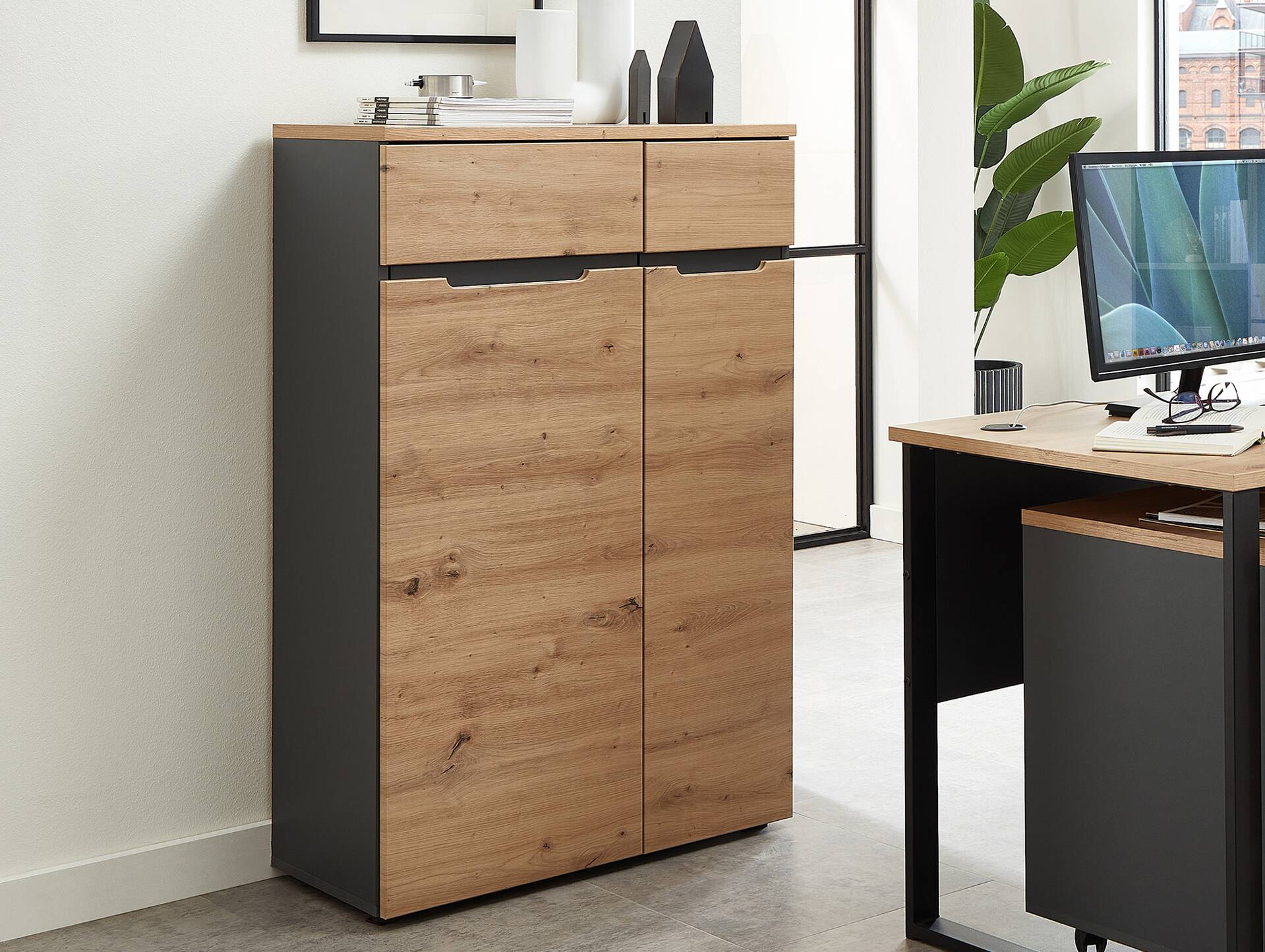 MAILAND Büroschrank IV, Material Dekorspanplatte Artisan Eichefarbig / Graphit