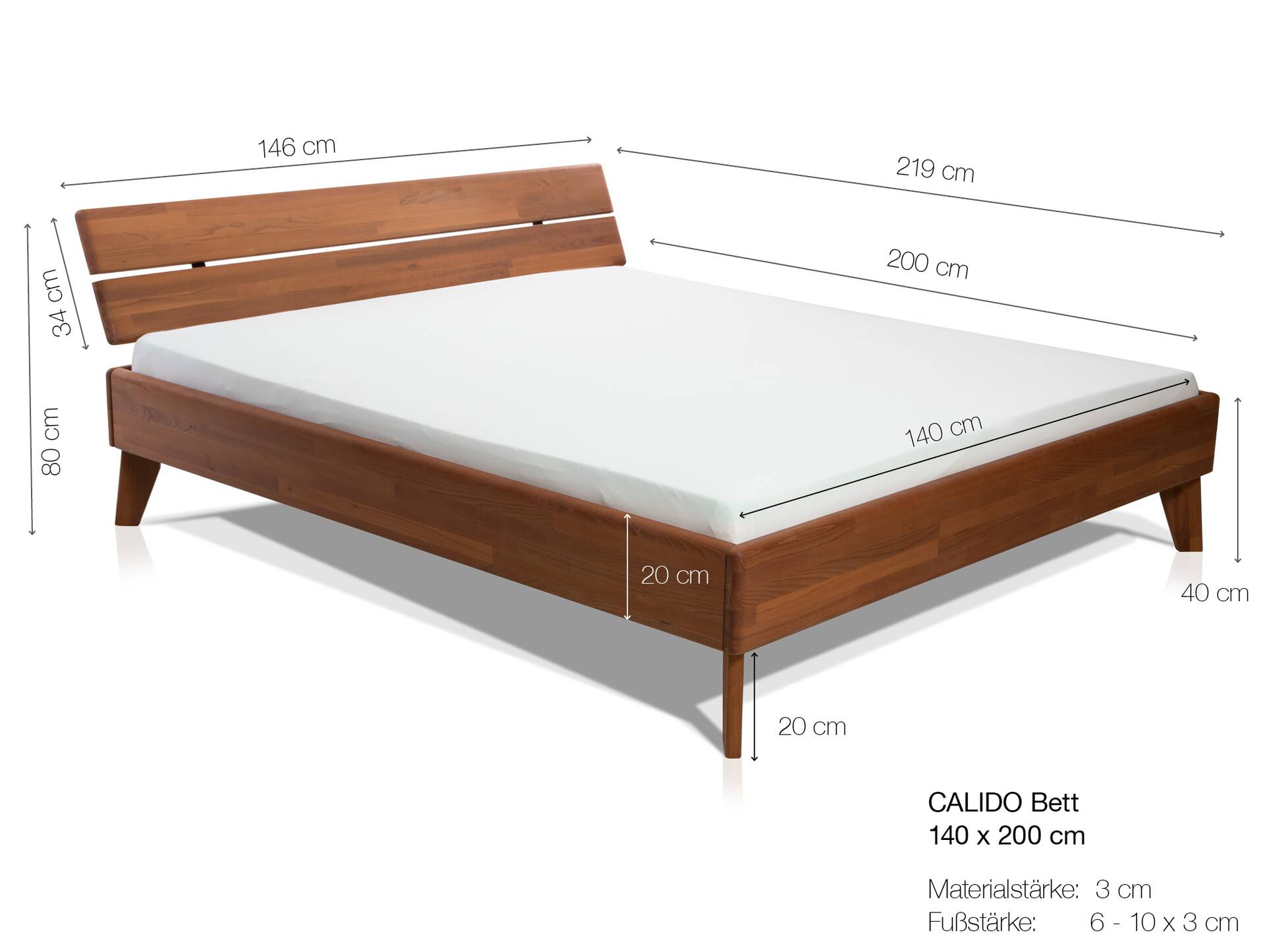 CALIDO 4-Fuß-Bett, Material Massivholz, mit/ohne Kopfteil 140 x 200 cm | Buche geölt | Standardhöhe | mit Kopfteil