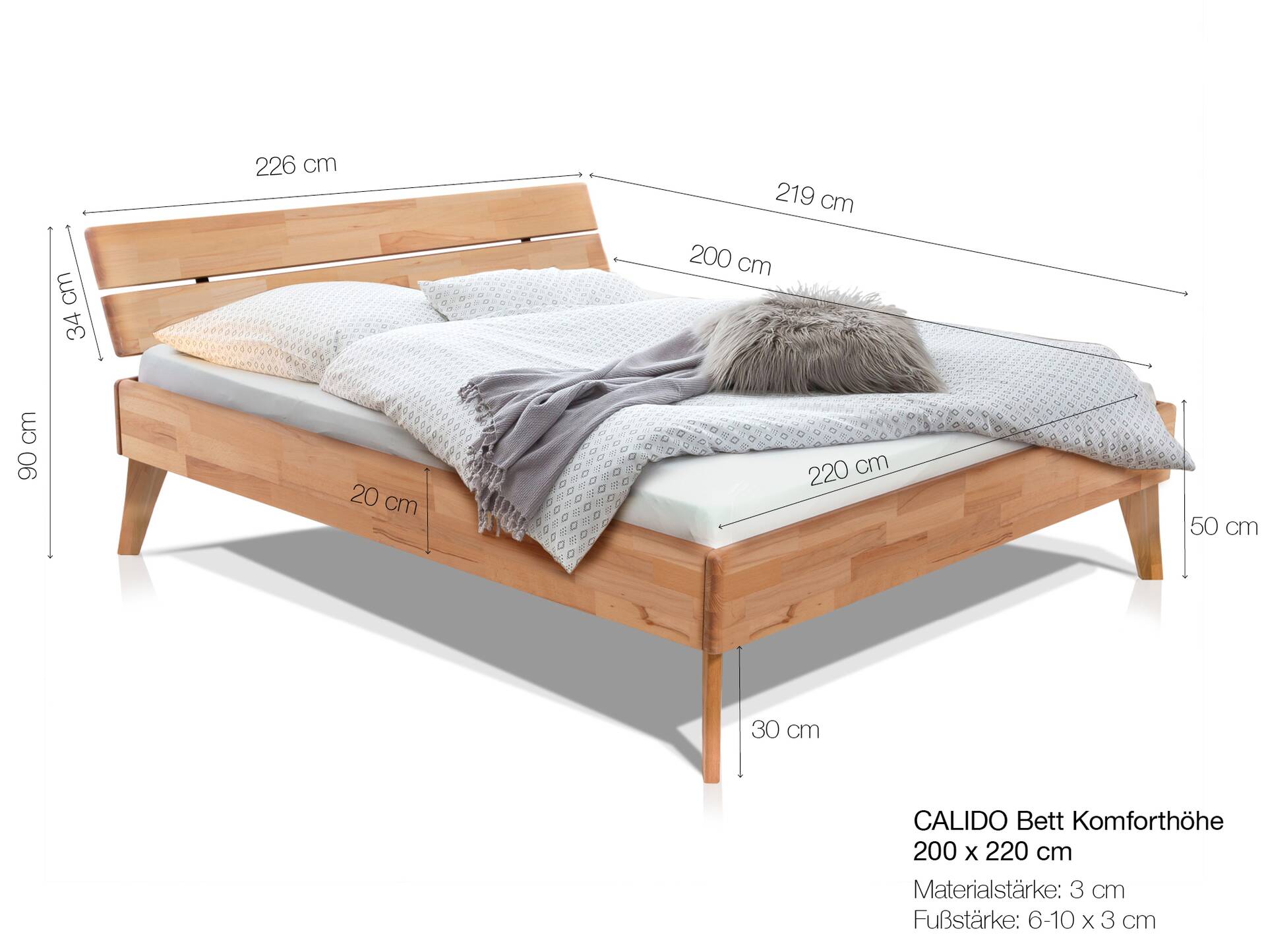 CALIDO 4-Fuß-Bett, Material Massivholz, mit/ohne Kopfteil 200 x 220 cm | Buche weiss lackiert | Komforthöhe | mit Kopfteil