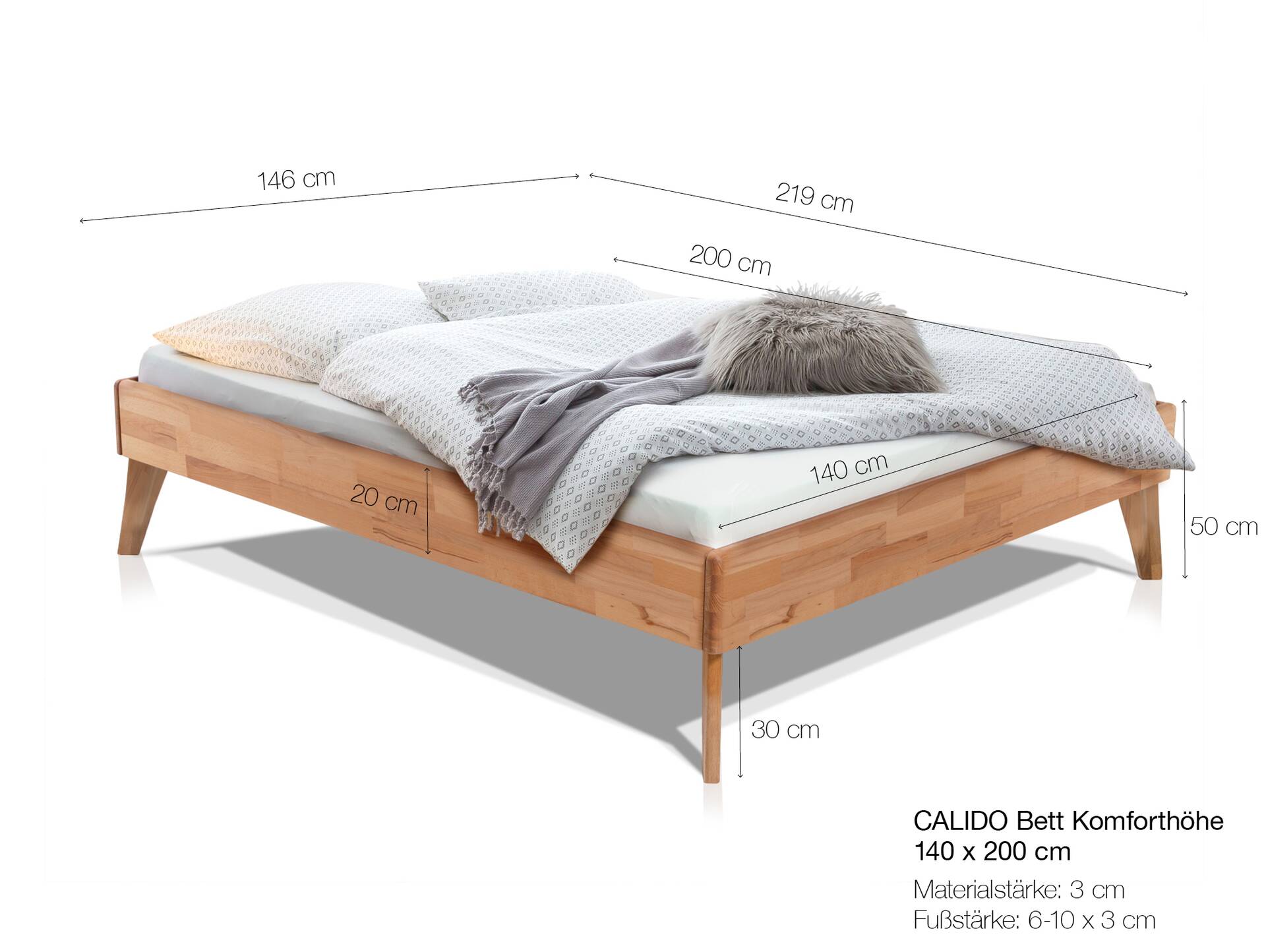 CALIDO 4-Fuß-Bett, Material Massivholz, mit/ohne Kopfteil 140 x 200 cm | Buche nussbaumfarbig gedämpft | Komforthöhe | ohne Kopfteil