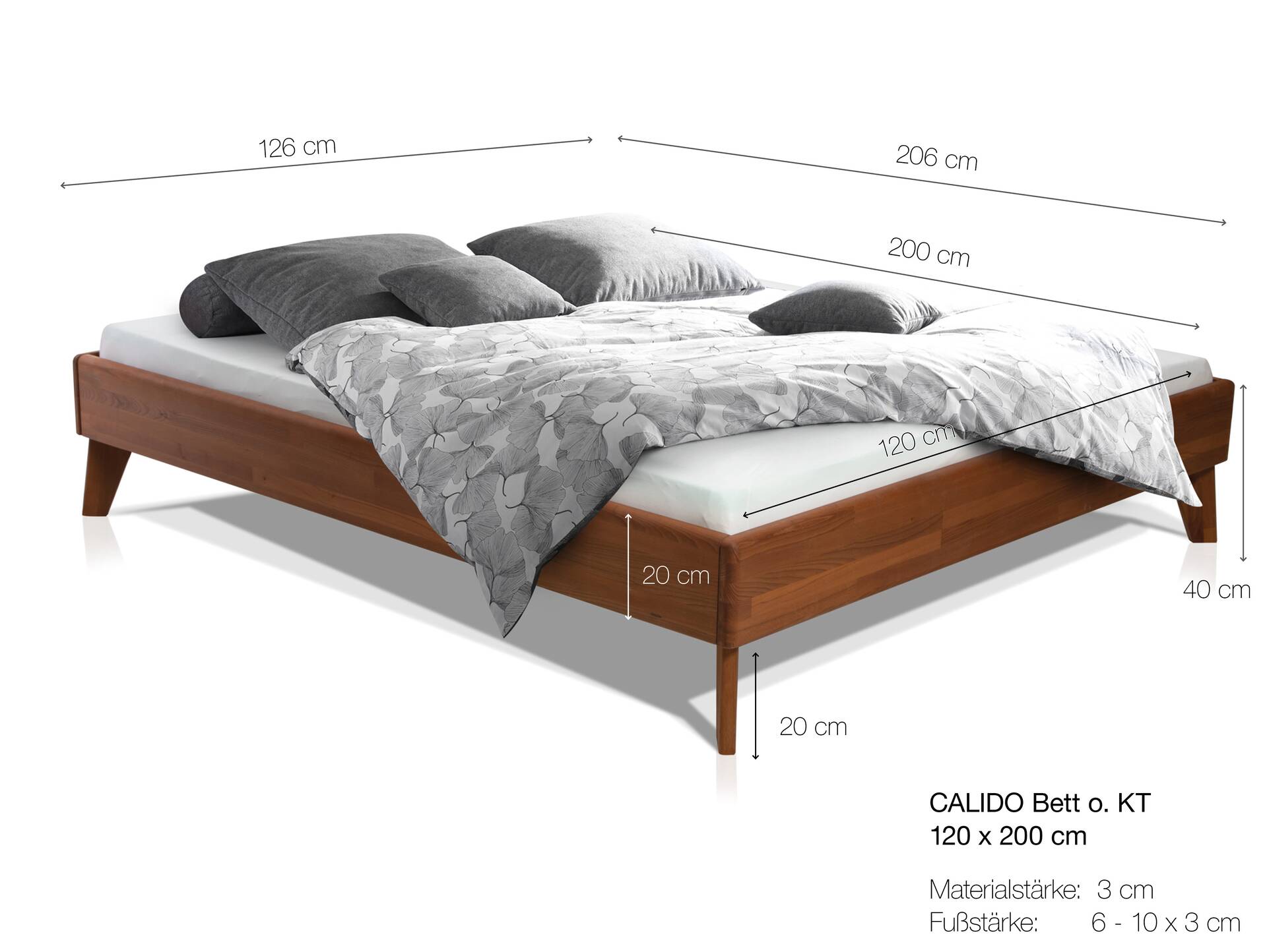 CALIDO 4-Fuß-Bett, Material Massivholz, mit/ohne Kopfteil 120 x 200 cm | Buche geölt | Standardhöhe | ohne Kopfteil