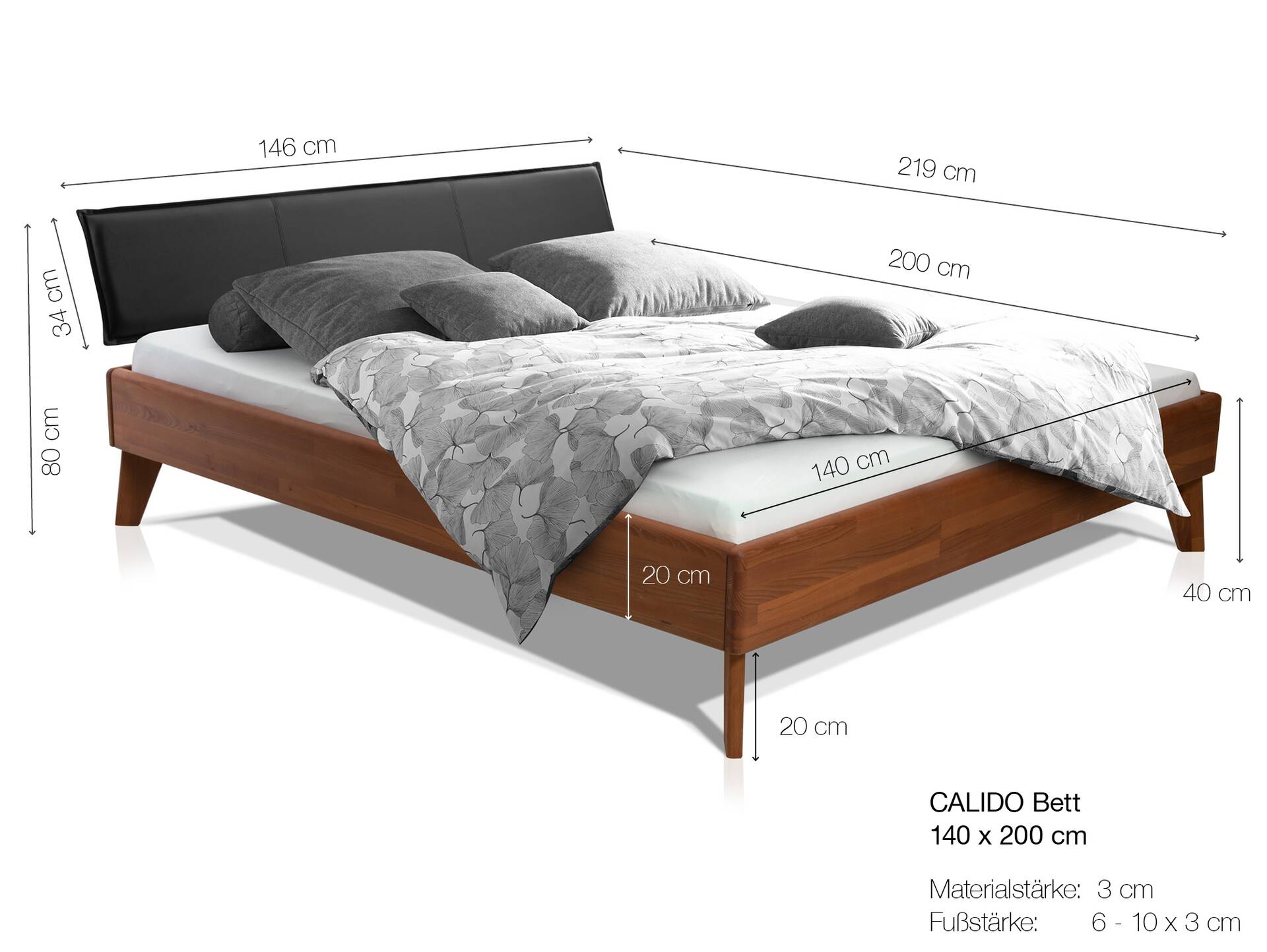 CALIDO 4-Fuß-Bett mit Polsterkopfteil, Material Massivholz 140 x 200 cm | Buche nussbaumfarbig gedämpft | Kunstleder Schwarz | Standardhöhe