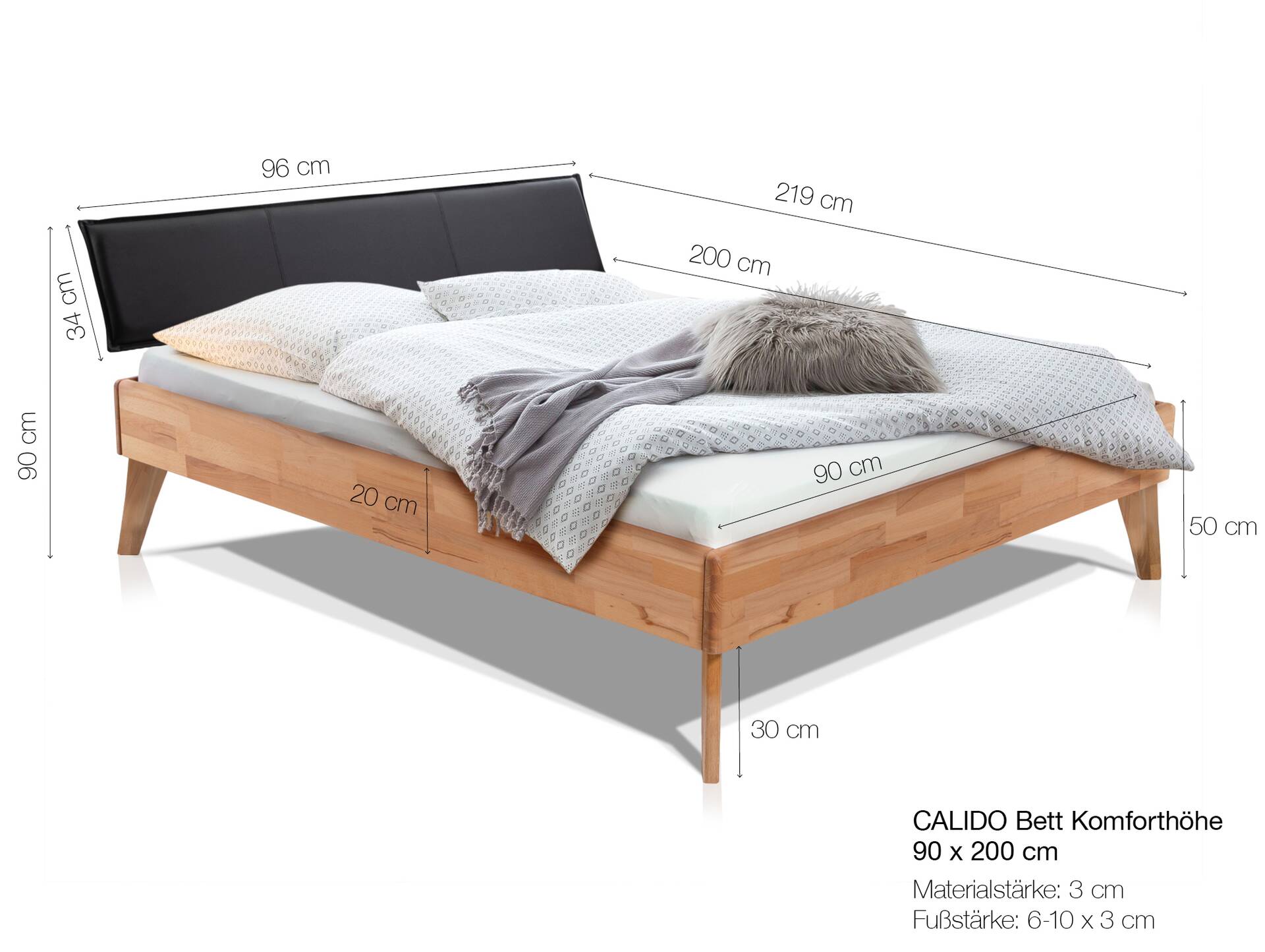 CALIDO 4-Fuß-Bett mit Polster-Kopfteil, Material Massivholz 90 x 200 cm | Buche weiss lackiert | Stoff Anthrazit | Komforthöhe
