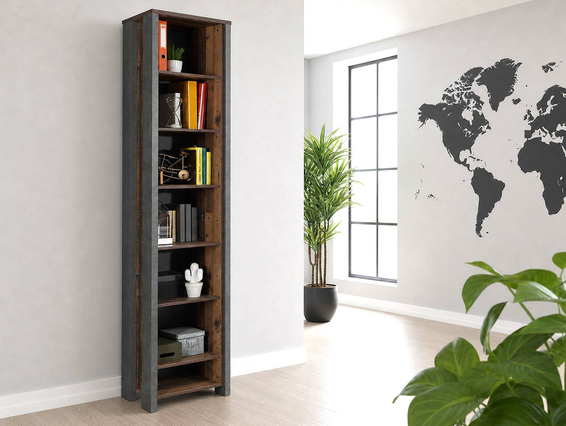 CASSIA Büroregal 6 Böden schmal, Material Dekorspanplatte, Old Wood Vintage/betonfarbig 