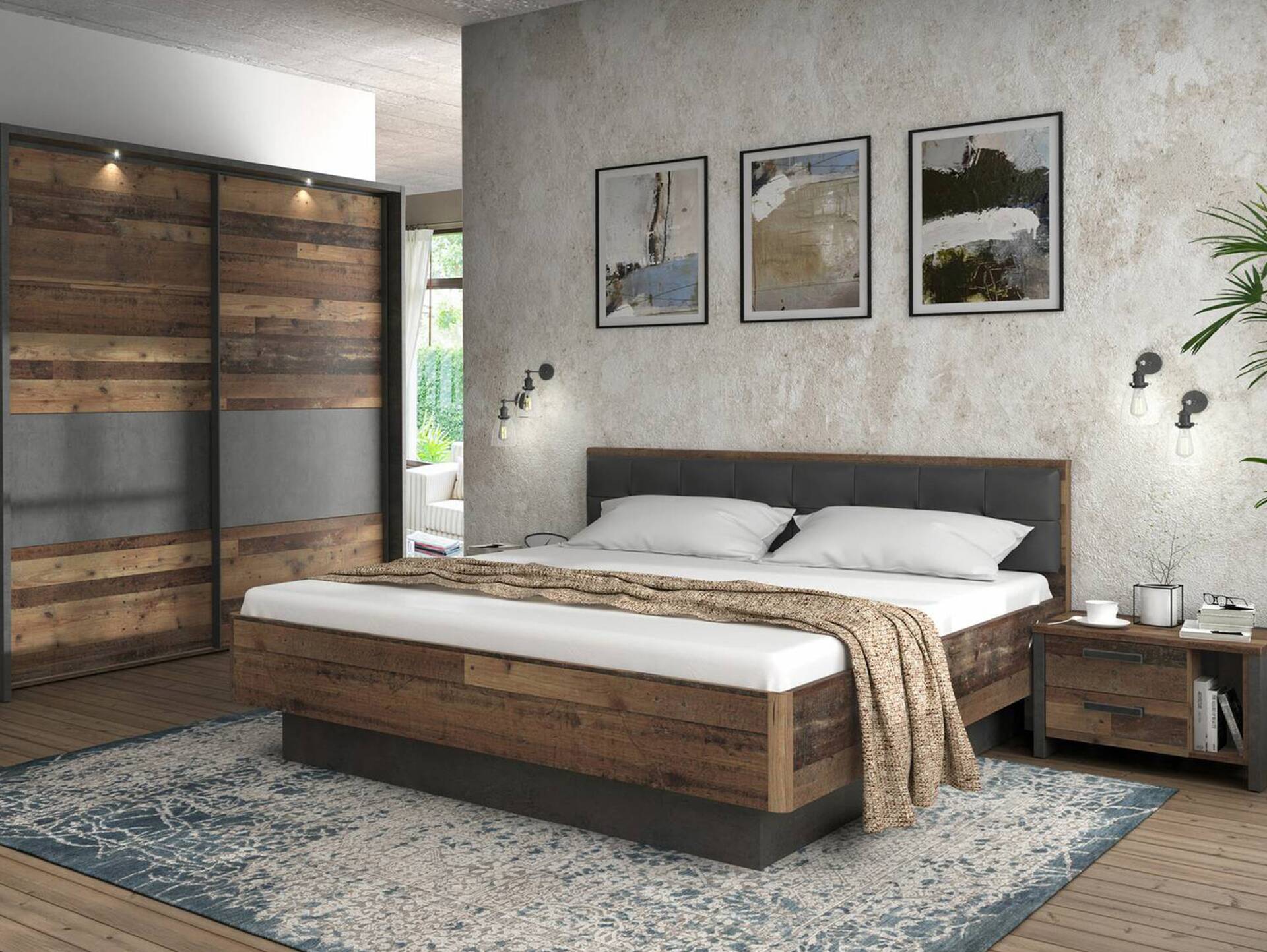 CASSIA Komplett-Schlafzimmer, Material Dekorspanplatte, Old Wood Vintage/betonfarbig 