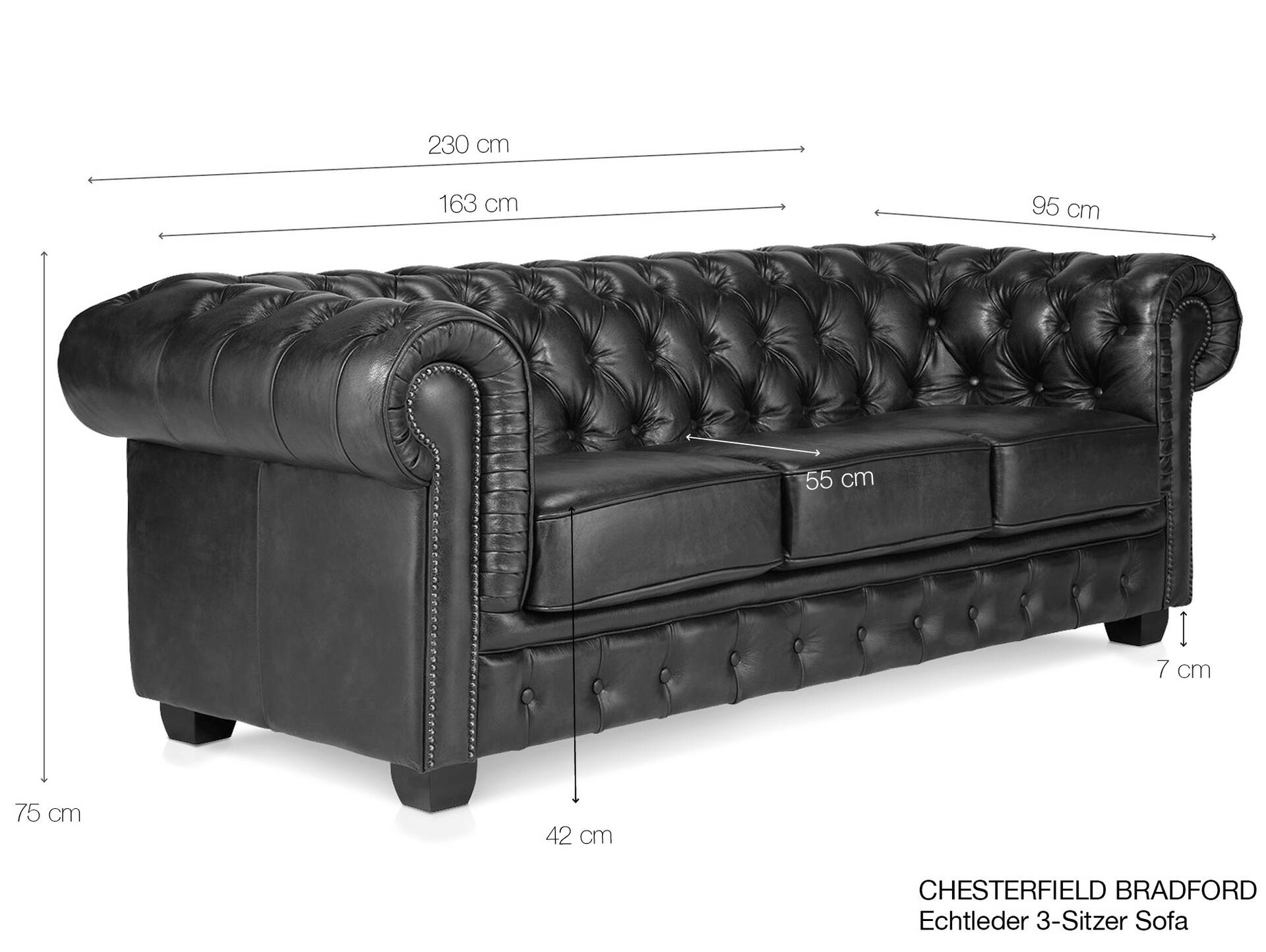 CHESTERFIELD Echtleder 3-Sitzer Sofa BRADFORD, antikbraun 