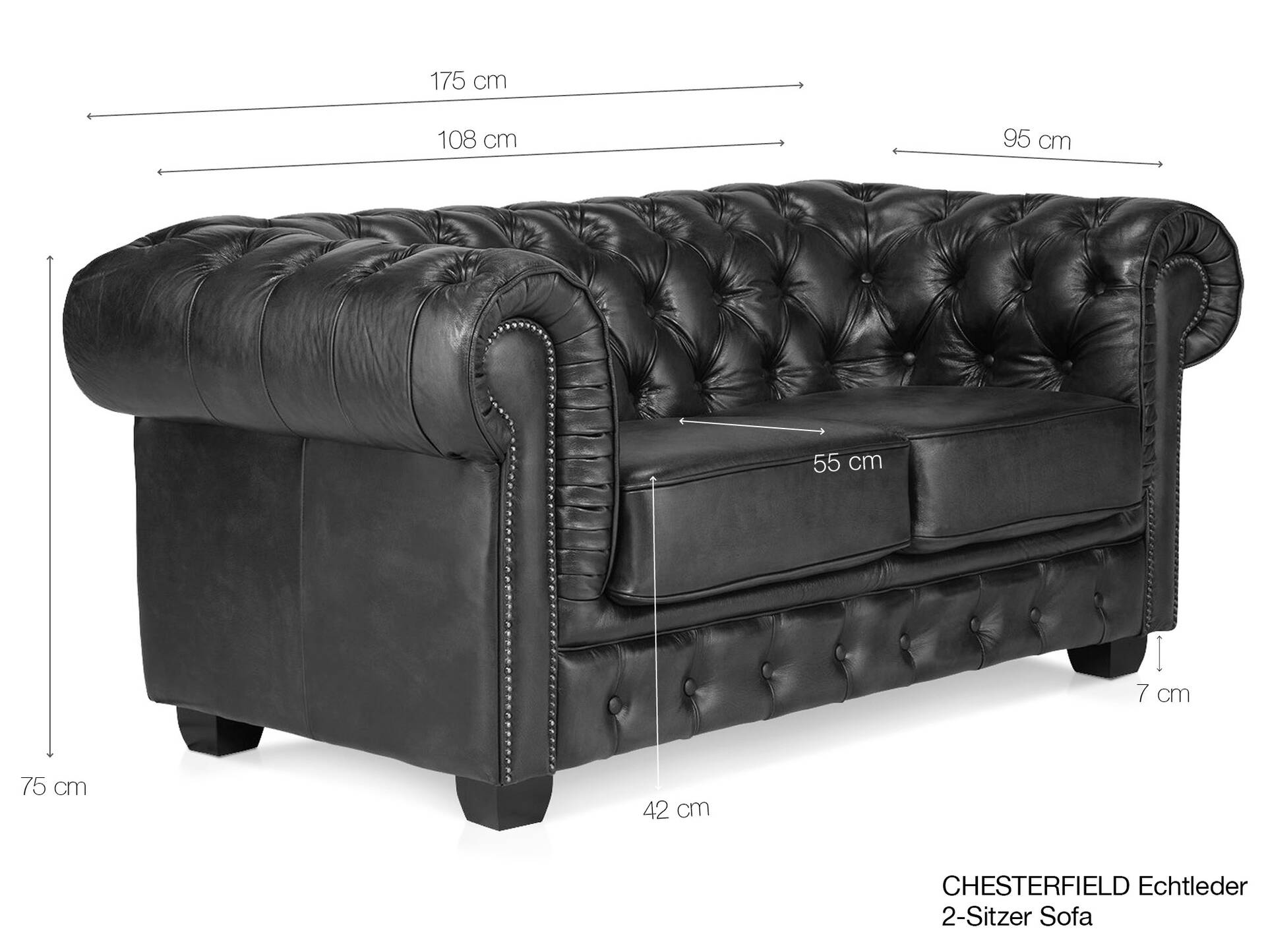 CHESTERFIELD Echtleder 2-Sitzer Sofa BRADFORD, antikbraun 