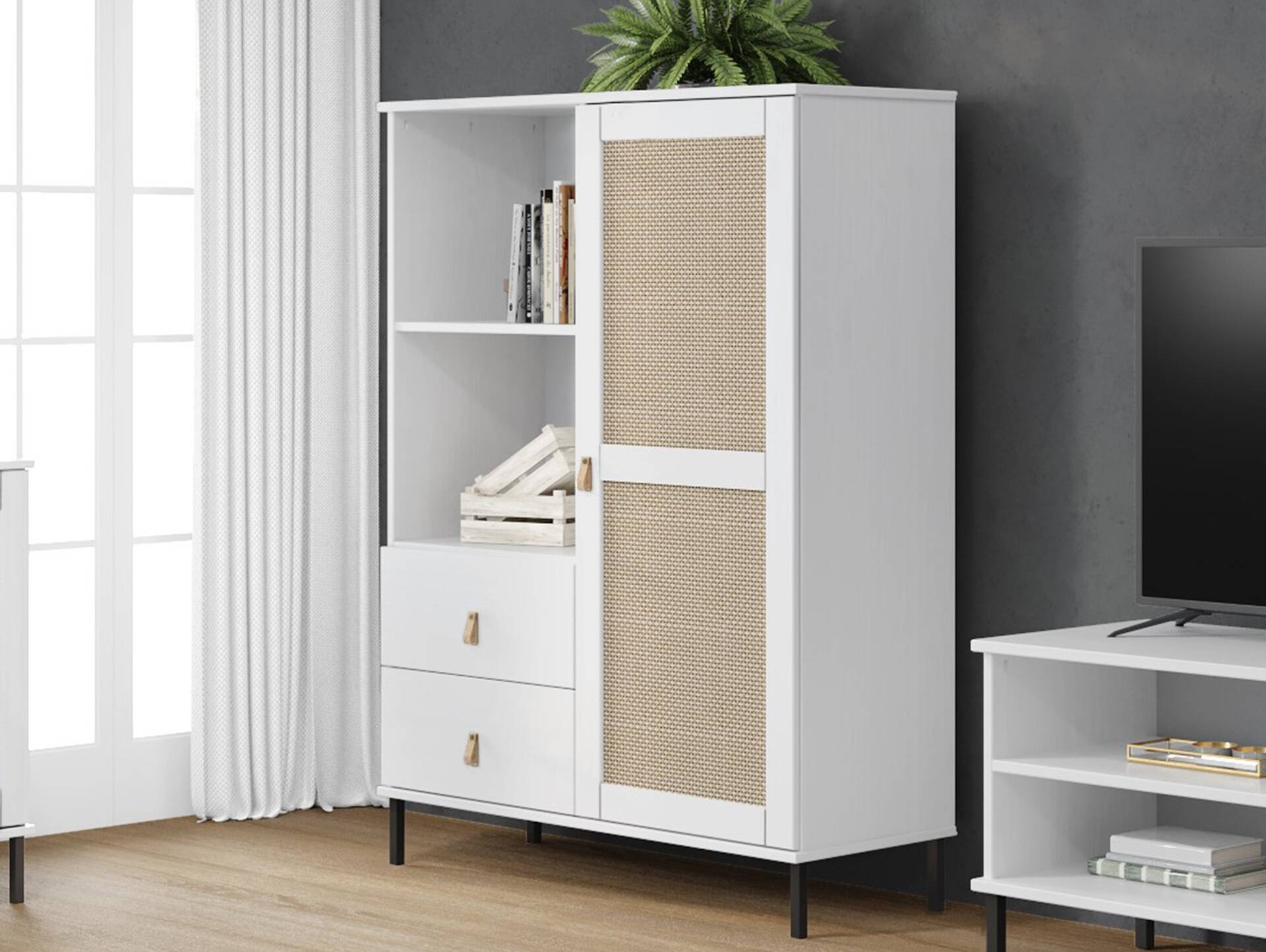 CINOY Highboard I, Material Massivholz, Kiefer lackiert weiss
