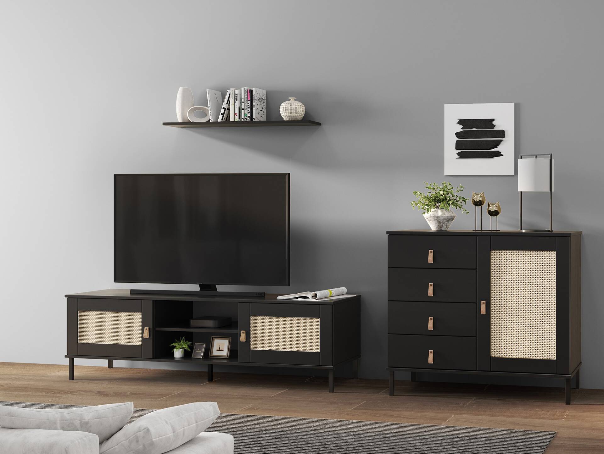 CINOY TV-Board II, Material Massivholz, Kiefer lackiert schwarz