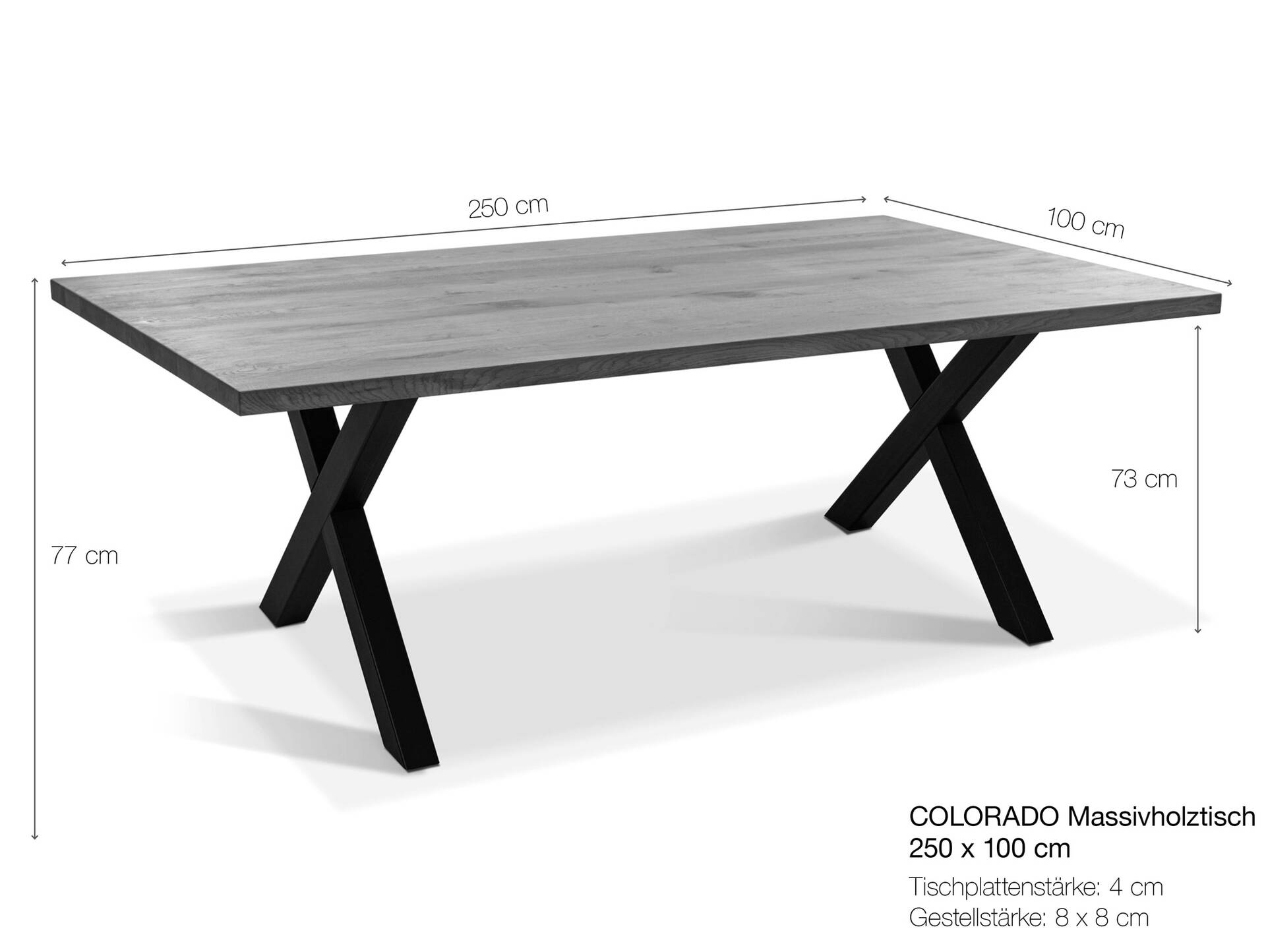 COLORADO II Esstisch mit Baumkante, Material Massivholz Eiche/X-Gestell Metall schwarz 250 x 100 cm