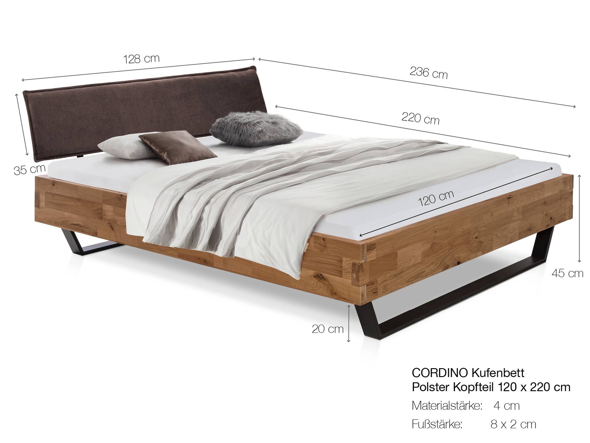 CORDINO Kufenbett aus Eiche mit Polsterkopfteil, Material Massivholz 120 x 220 cm | Eiche unbehandelt | Stoff Braun | gebürstet