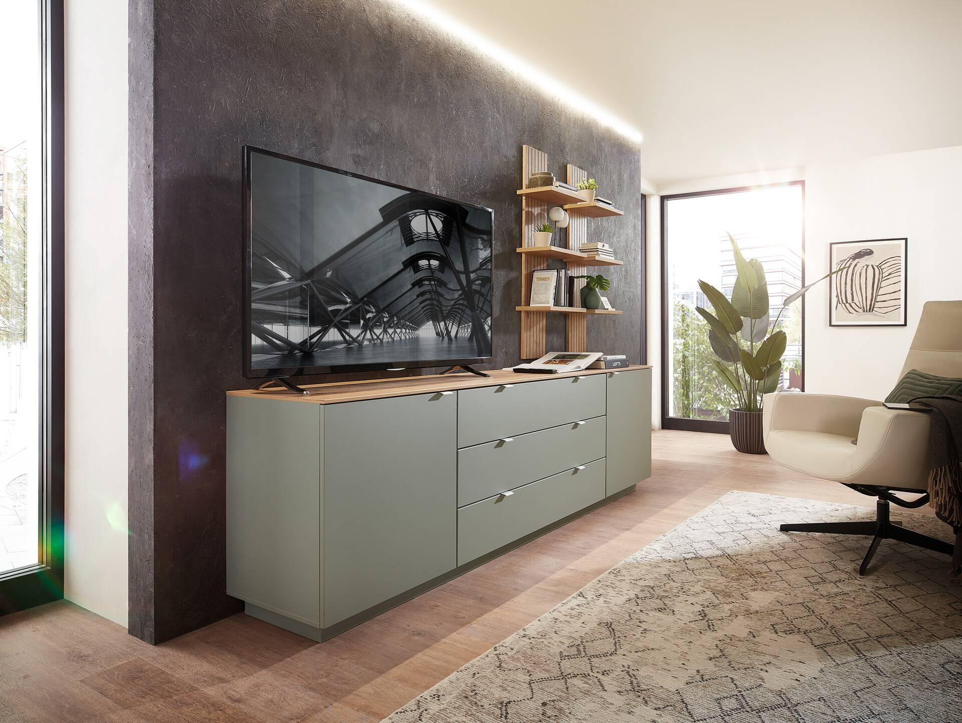 CASSINO TV-Sideboard, Material Dekorspanplatte, Artisan Eiche Nachbildung schilfgrün