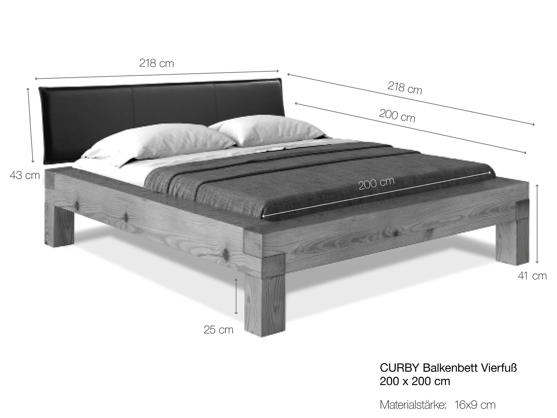 CURBY 4-Fuß-Balkenbett mit Polsterkopfteil, Material Massivholz, Thermo-Fichte 200 x 200 cm | vintage | Kunstleder Braun | Standardhöhe