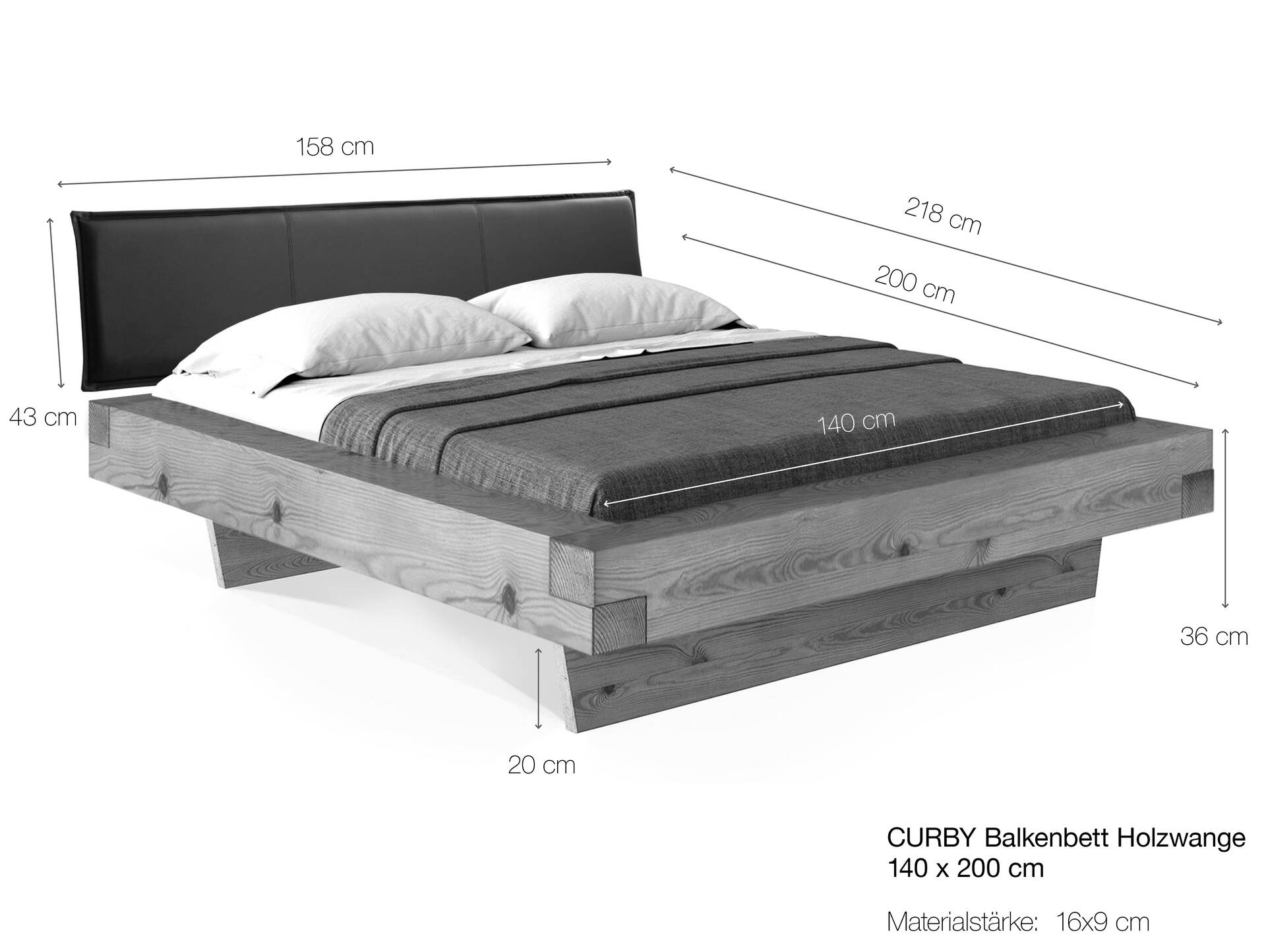 CURBY Balkenbett mit Polster-Kopfteil, Wangenfuß, Material Massivholz 140 x 200 cm | Natur | Kunstleder Schwarz