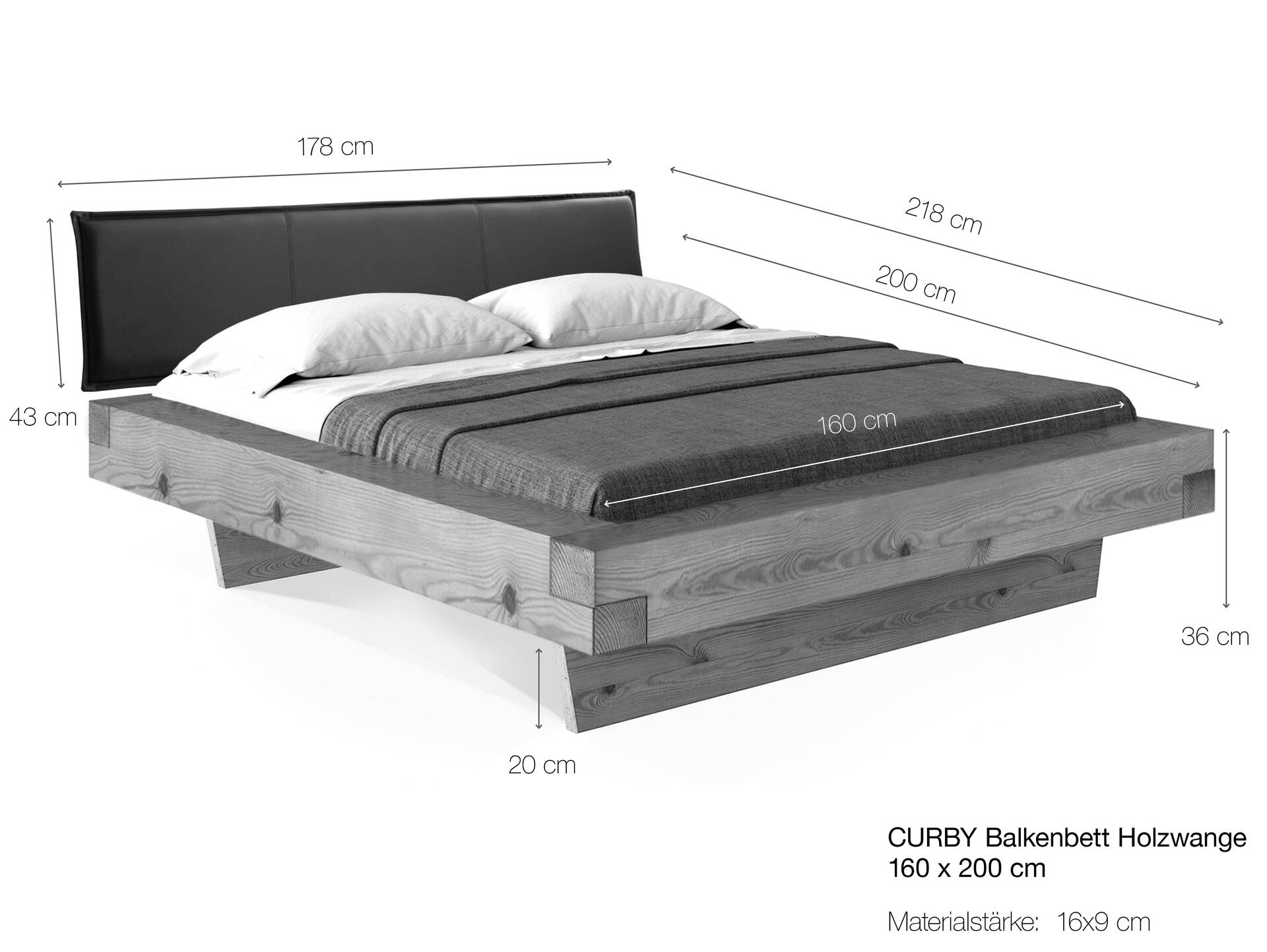 CURBY Balkenbett mit Polster-Kopfteil, Wangenfuß, Material Massivholz 160 x 200 cm | Natur | Kunstleder Schwarz