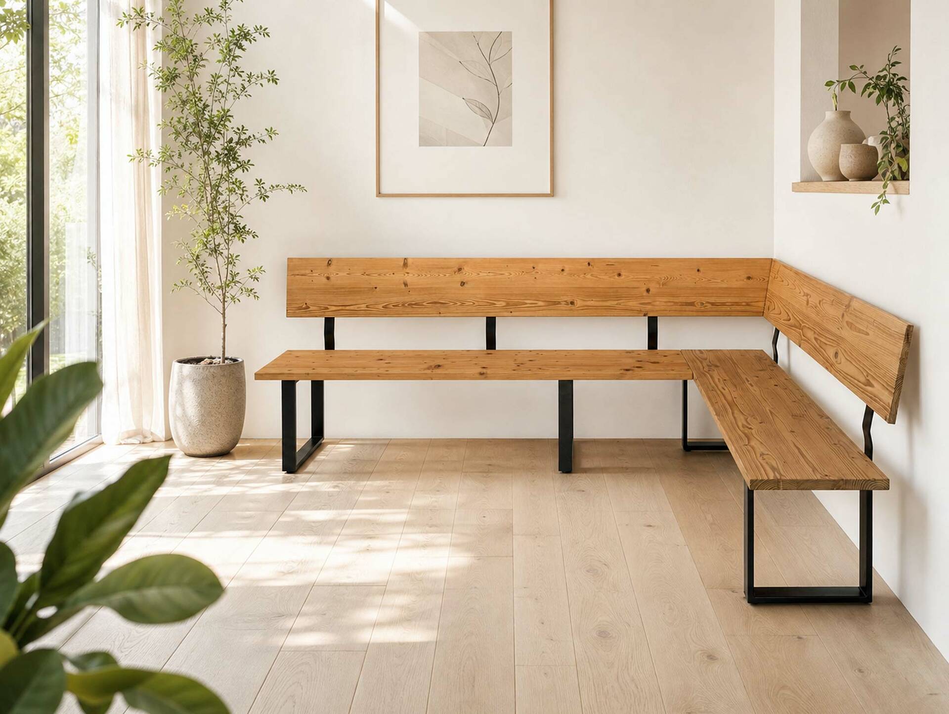 CURBY Eckbank, rustikale Altholzoptik, Material Massivholz, Fichte gebürstet 167 x 288 cm | natur | ohne Sitzkissen