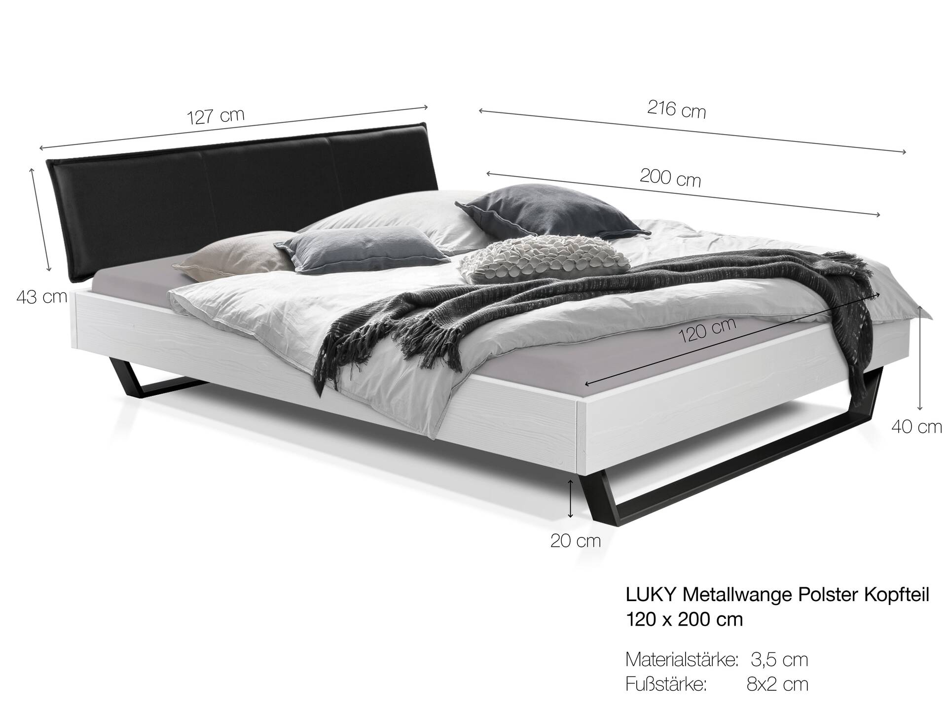 LUKY Kufenbett mit Polsterkopfteil, Material Massivholz, Fichte/Kufen weiss 120 x 200 cm | Stoff Braun