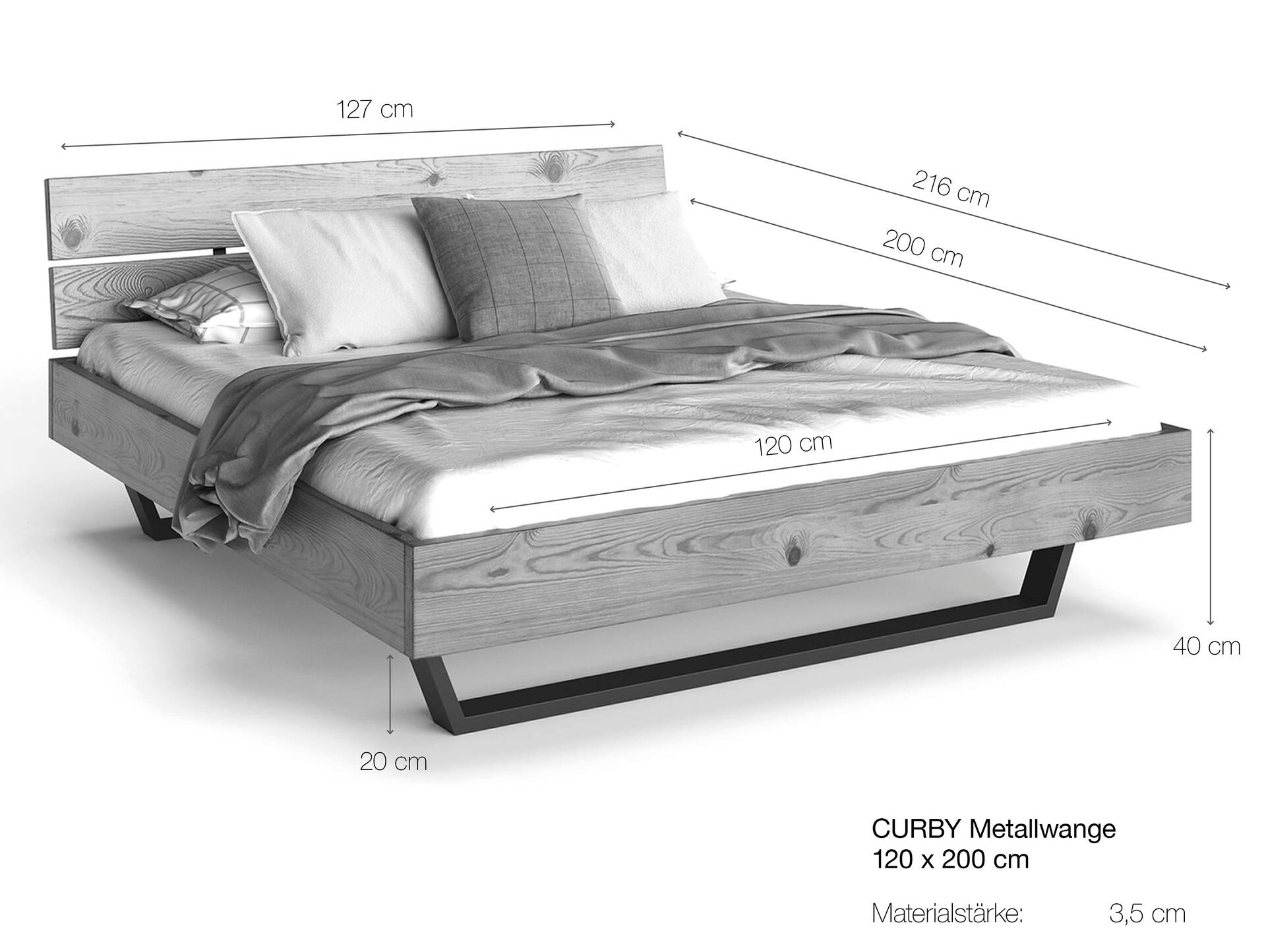 CURBY Kufenbett mit Kopfteil, Material Massivholz, rustikale Altholzoptik, Fichte, Kufen schwarz 120 x 200 cm | natur