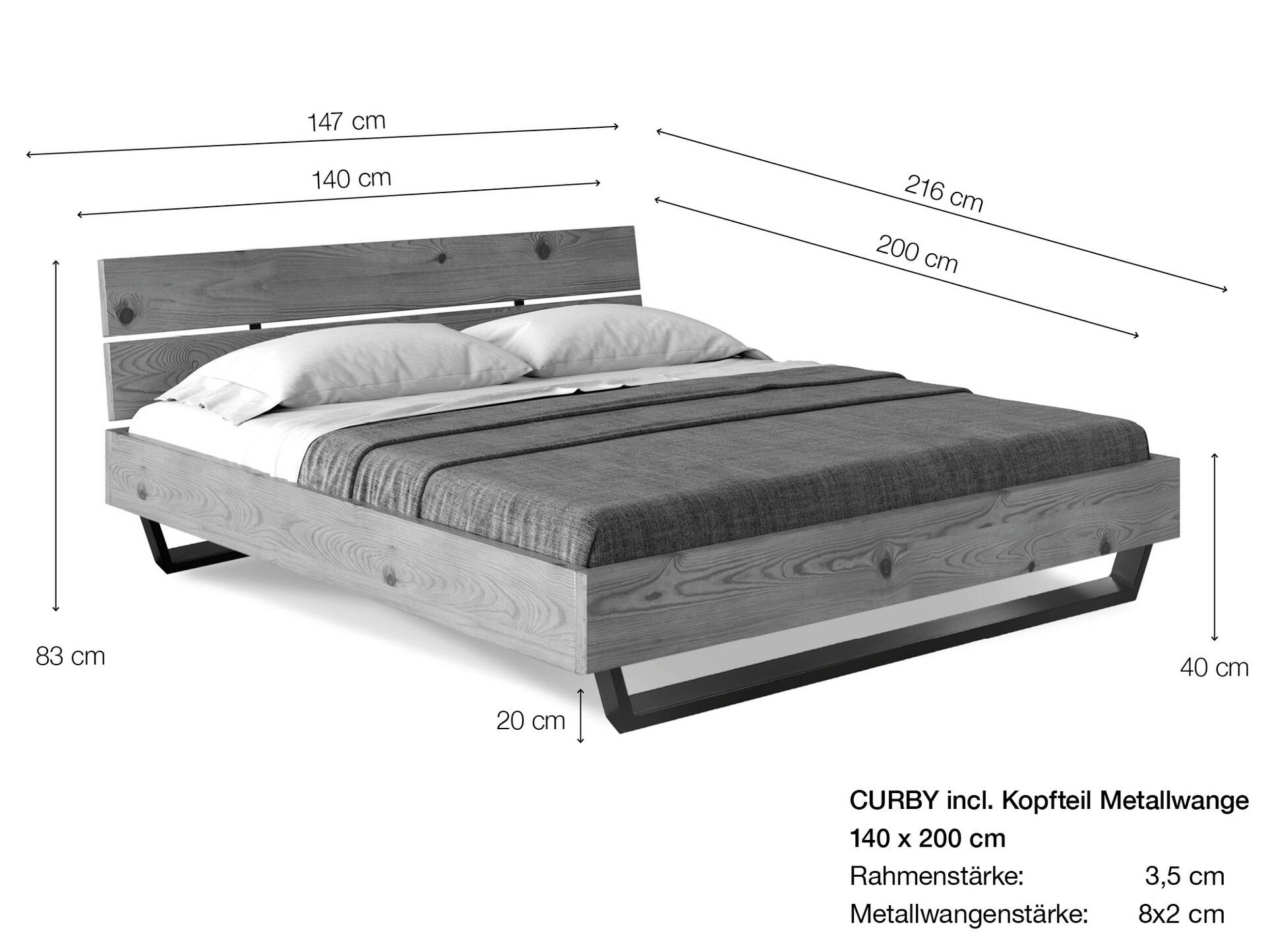 CURBY Kufenbett mit Kopfteil, Material Massivholz, rustikale Altholzoptik, Fichte, Kufen schwarz 140 x 200 cm | natur