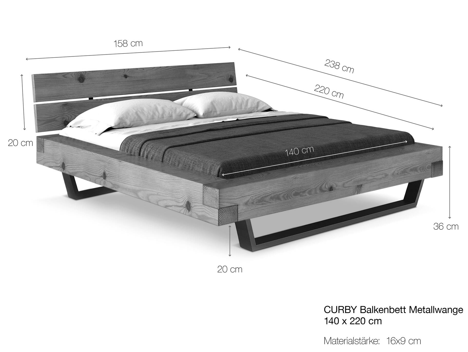 CURBY Balkenbett mit Polsterkopfteil, Kufenfuß, Material Massivholz 140 x 220 cm | natur | Stoff Braun