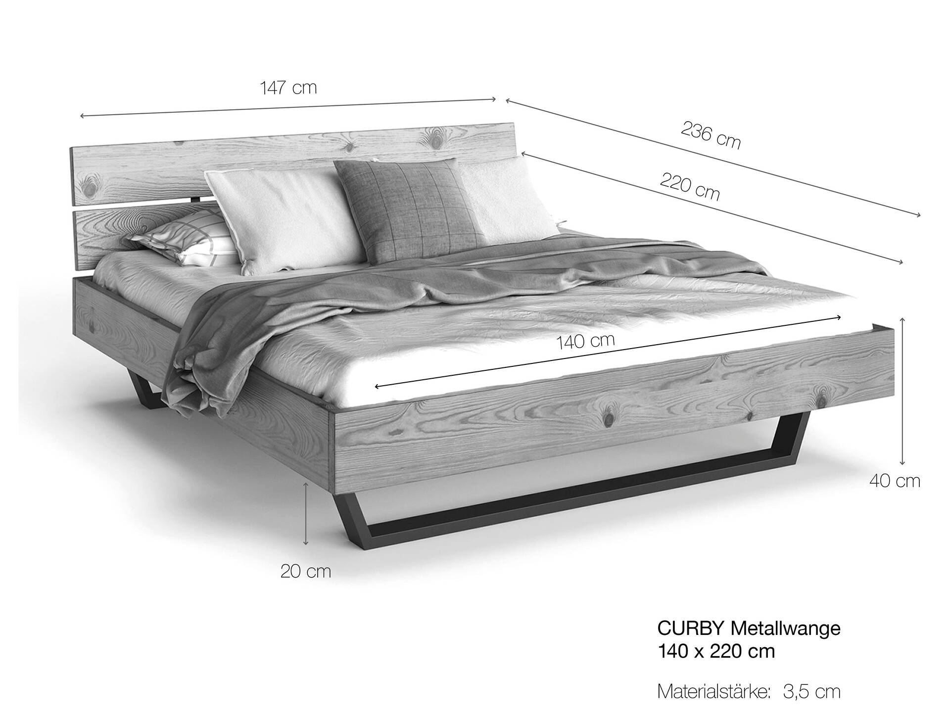 CURBY Kufenbett mit Polsterkopfteil, Material Massivholz, rustikale Altholzoptik, Fichte, Kufen schwarz 140 x 220 cm | natur | Stoff Anthrazit ohne Steppung