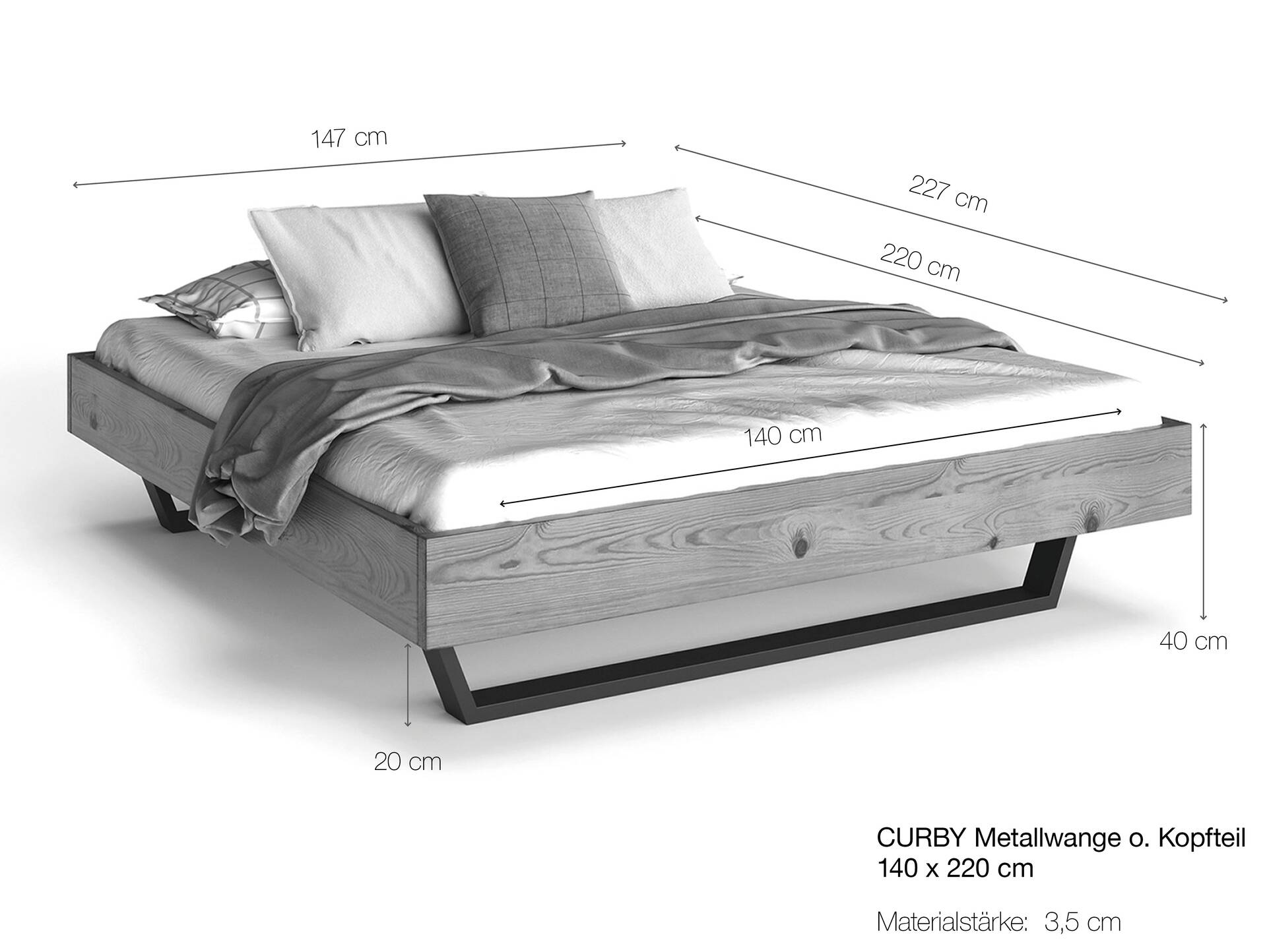 CURBY Kufenbett ohne Kopfteil, Material Massivholz, rustikale Altholzoptik, Fichte, Kufen schwarz 140 x 220 cm | vintage