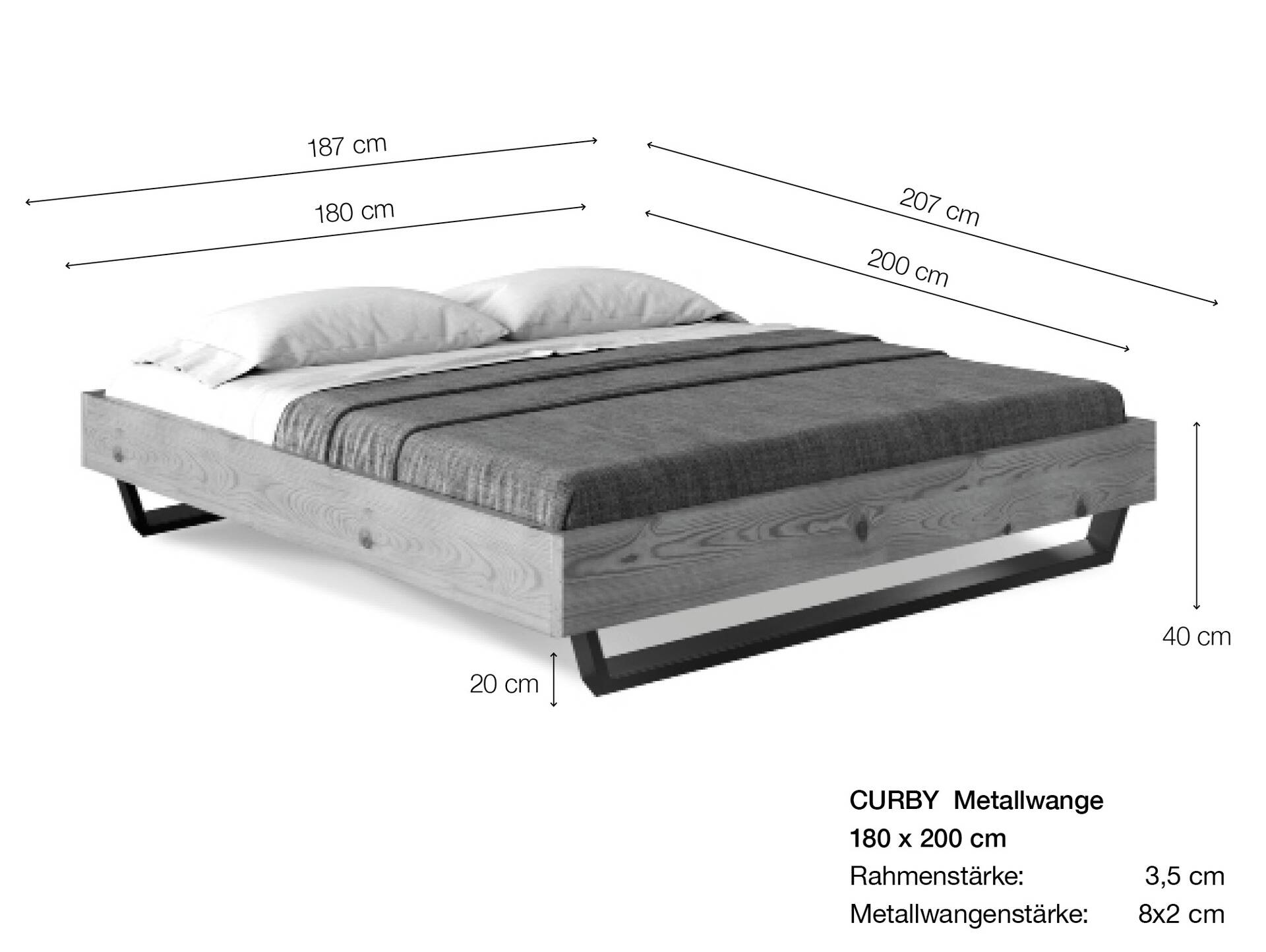 CURBY Kufenbett ohne Kopfteil, Material Massivholz, rustikale Altholzoptik, Fichte, Kufen schwarz 180 x 200 cm | vintage