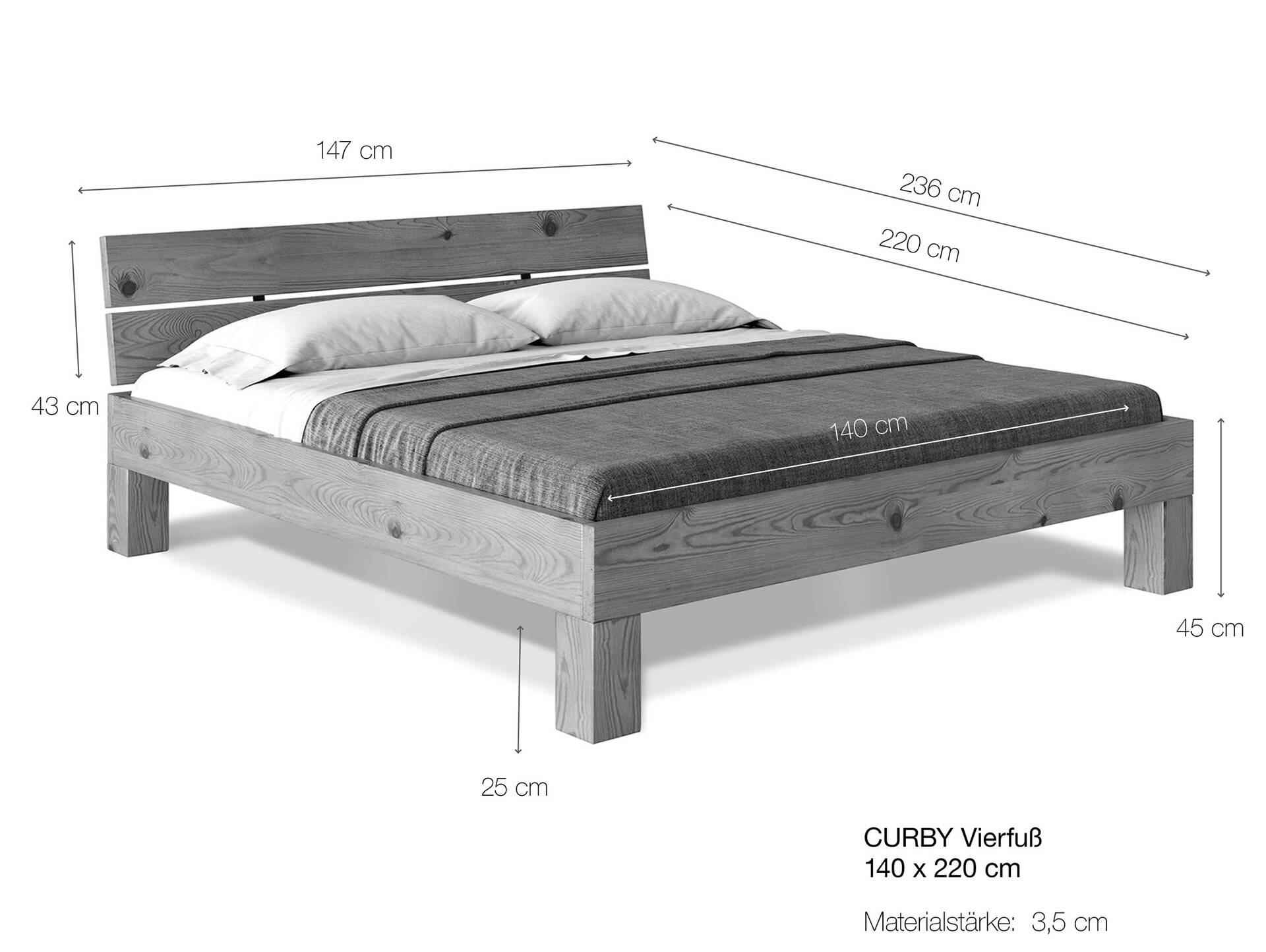 CURBY 4-Fuß-Bett mit Kopfteil, Material Massivholz, rustikale Altholzoptik, Fichte 140 x 220 cm | natur | Standardhöhe