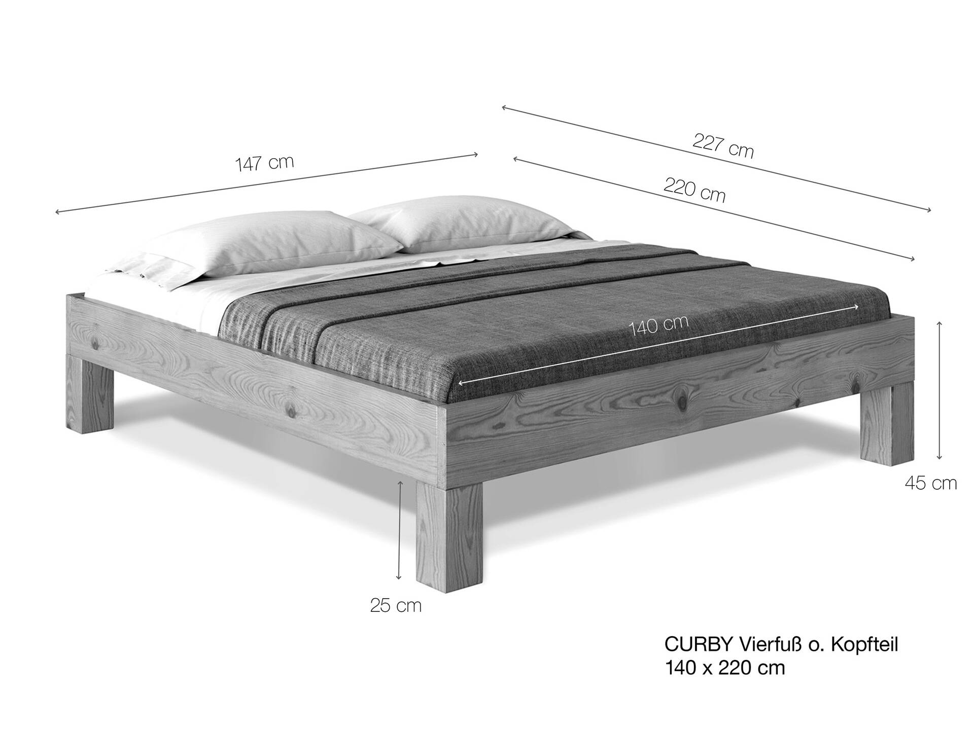 CURBY 4-Fuß-Bett ohne Kopfteil, Material Massivholz, rustikale Altholzoptik, Fichte 140 x 220 cm | natur | Standardhöhe
