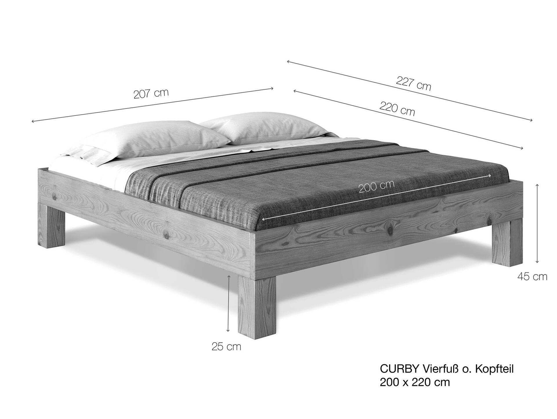 CURBY 4-Fuß-Bett ohne Kopfteil, Material Massivholz, rustikale Altholzoptik, Fichte 200 x 220 cm | natur | Standardhöhe