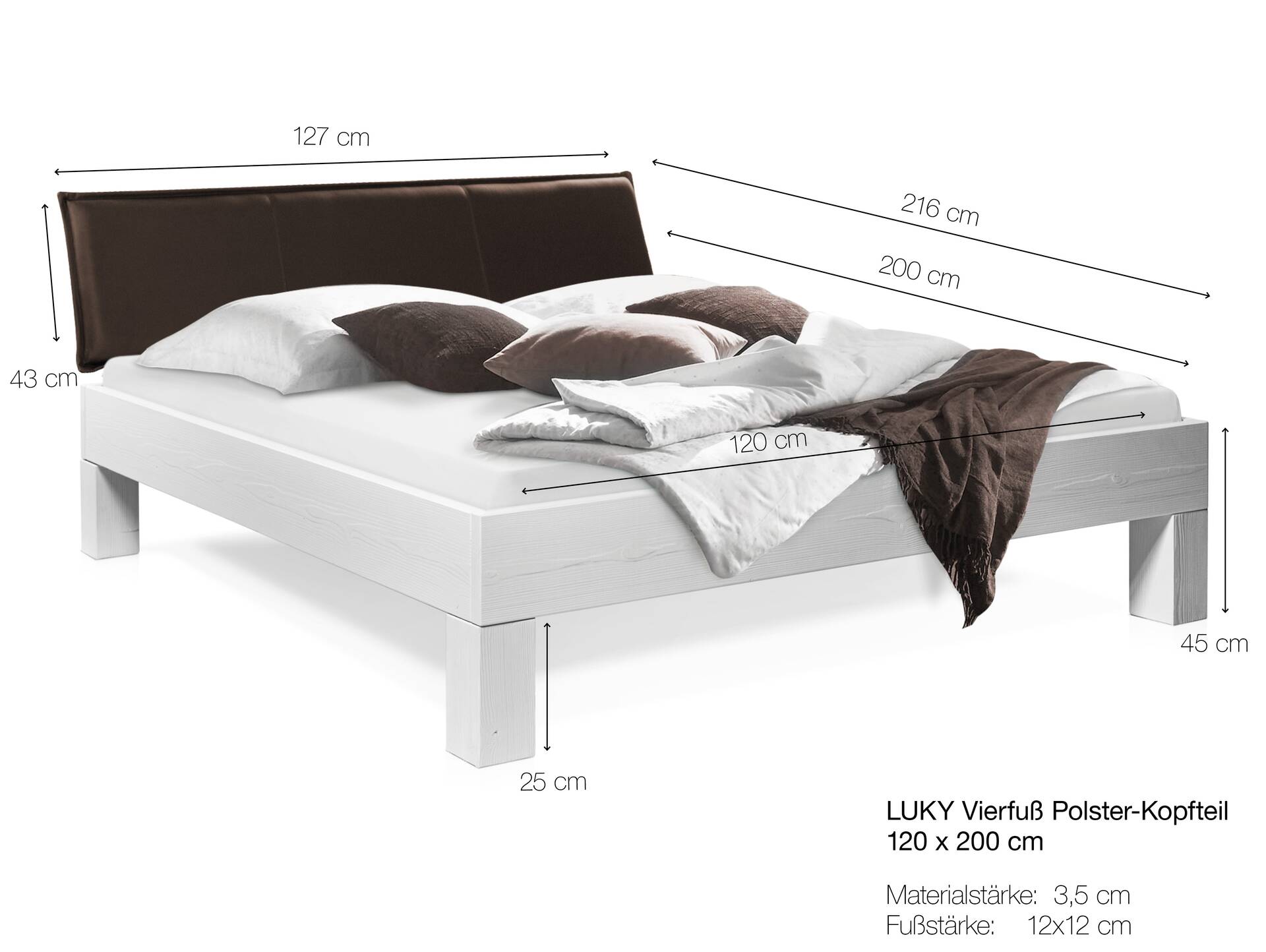 LUKY 4-Fuß-Massivholzbett mit Polsterkopfteil, Fichte weiss 120 x 200 cm | Stoff Braun