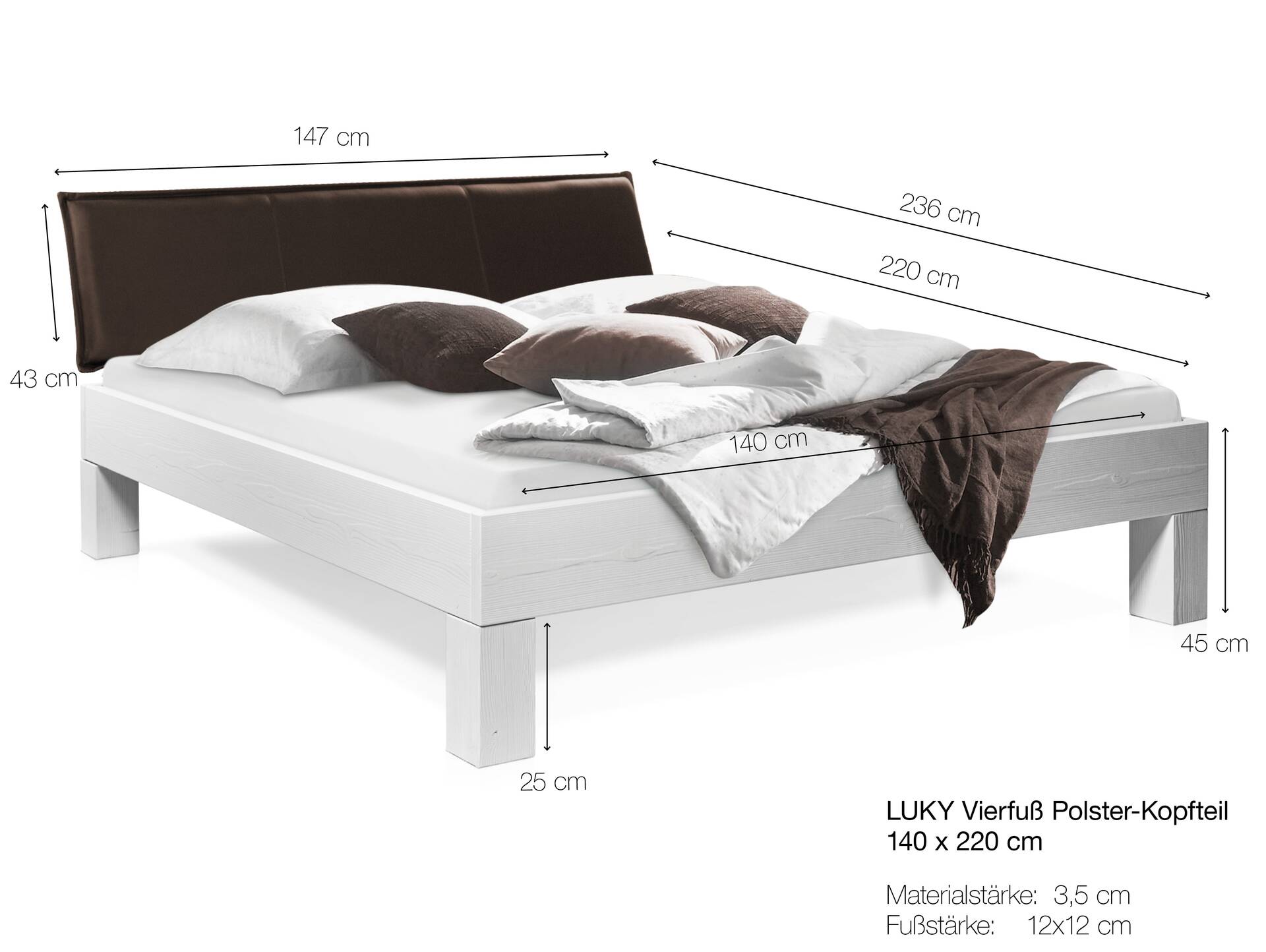 LUKY Kufenbett mit Polsterkopfteil, Material Massivholz, Fichte weiss/Kufen schwarz 140 x 220 cm | Kunstleder Braun
