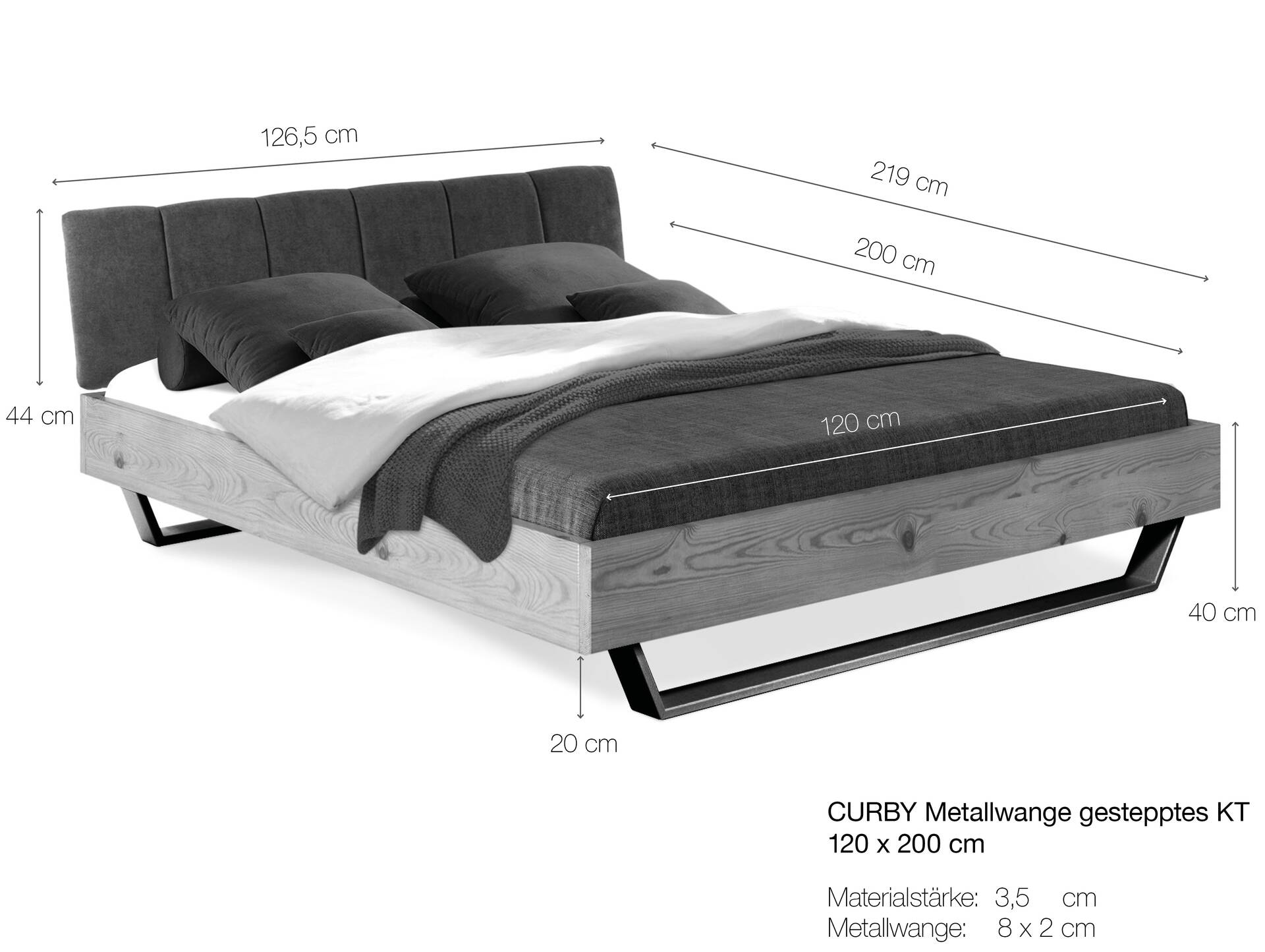 CURBY Kufenbett mit gestepptem Kopfteil, Material Massivholz, rustikale Altholzoptik, Fichte, Kufen Weiß 120 x 200 cm | natur | Stoff Braun