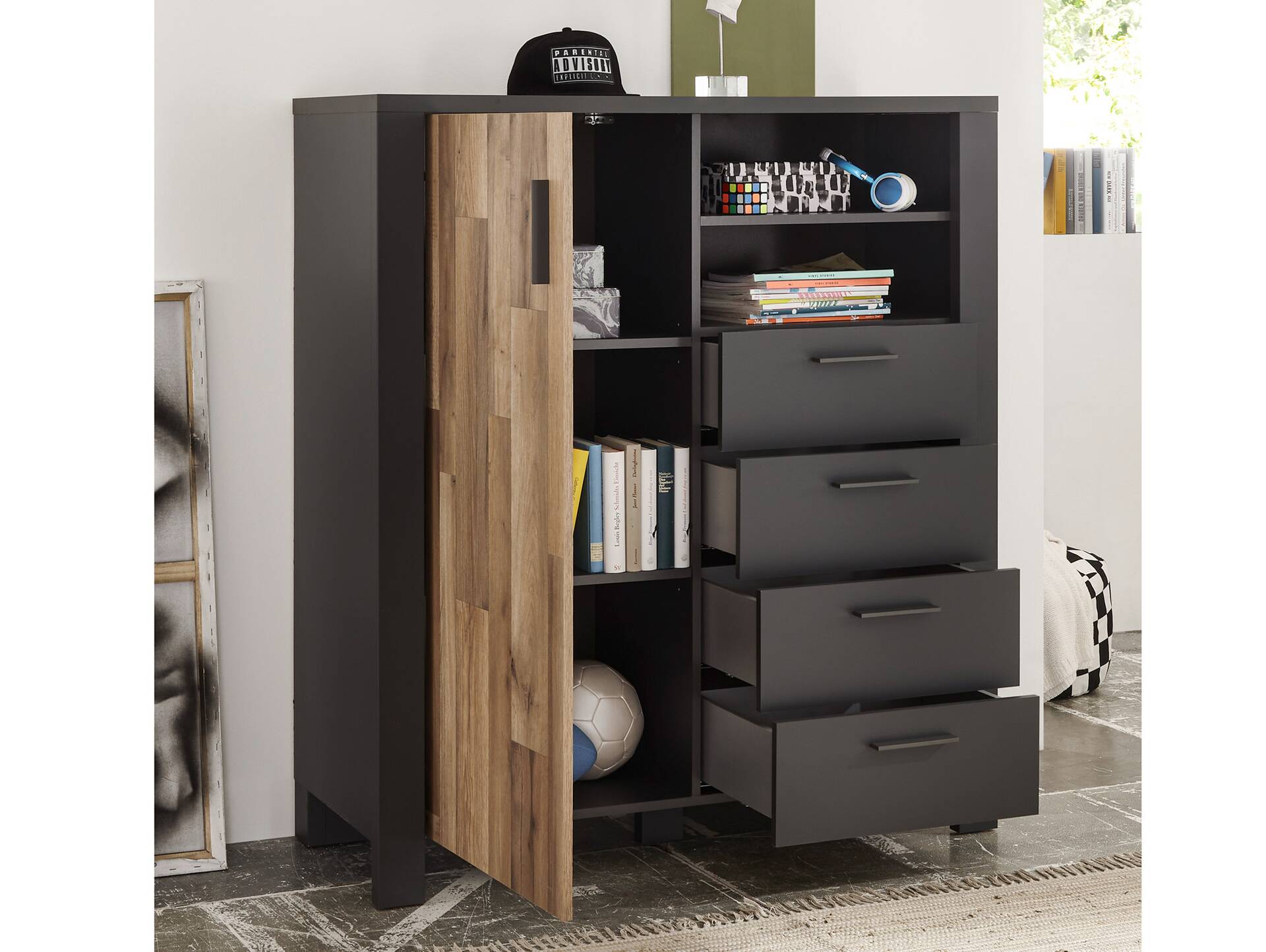 DRACO Highboard, Material Spanplatte, Eiche Nachbildung / graphitfarbig 