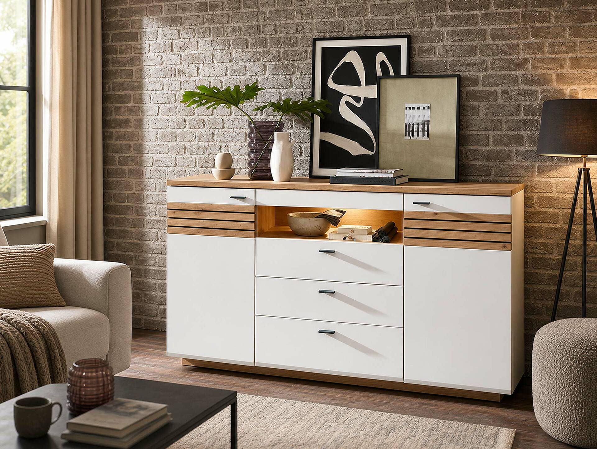 FABINA Sideboard, Material Dekorspanplatte, Artisan  Eiche Nachbildung/weiss 