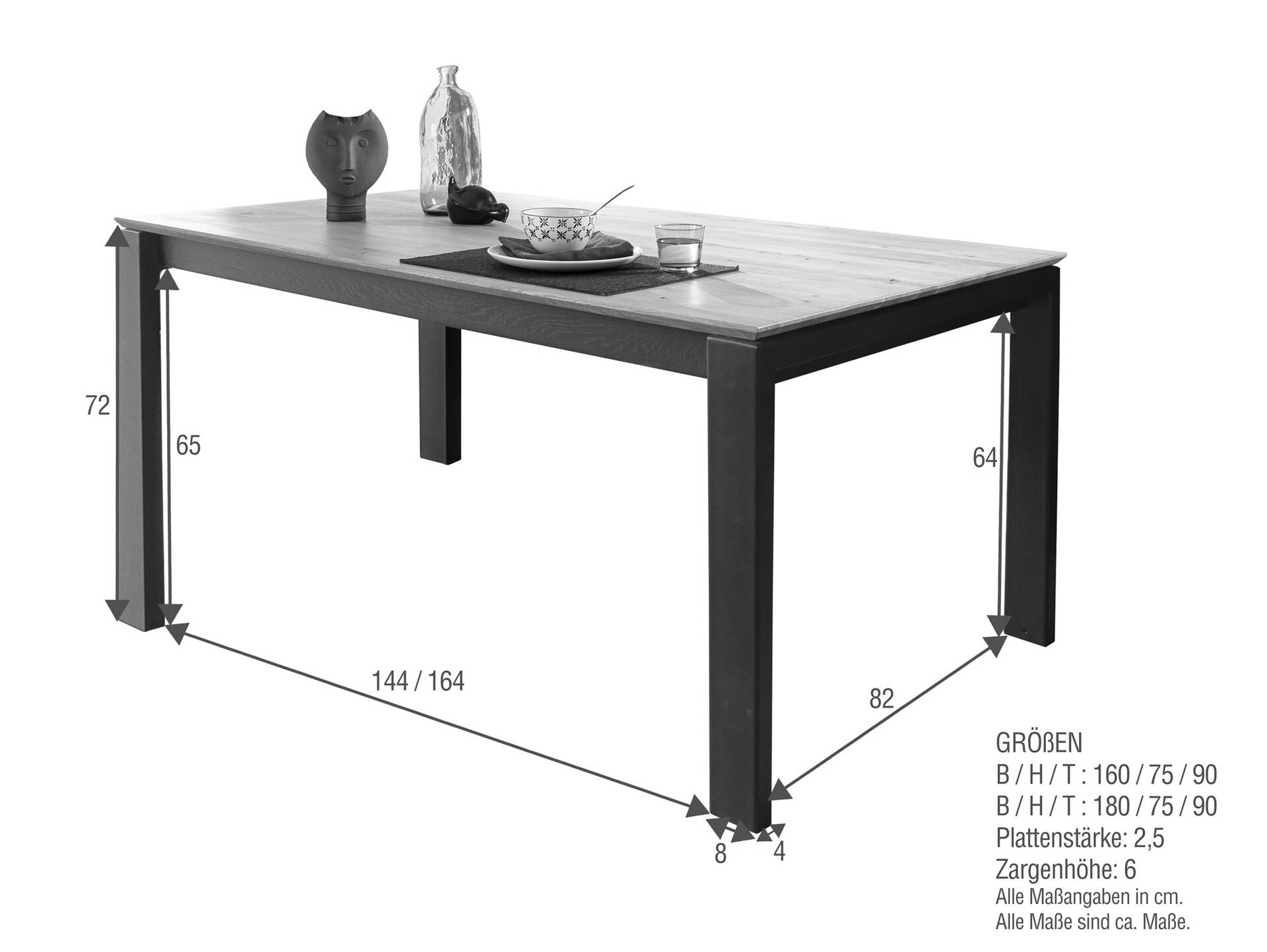 LAUSANNE Esstisch / Ausziehtisch, Material Massivholz, Wildeiche geölt | Beine Metall schwarz 160/260x90 cm