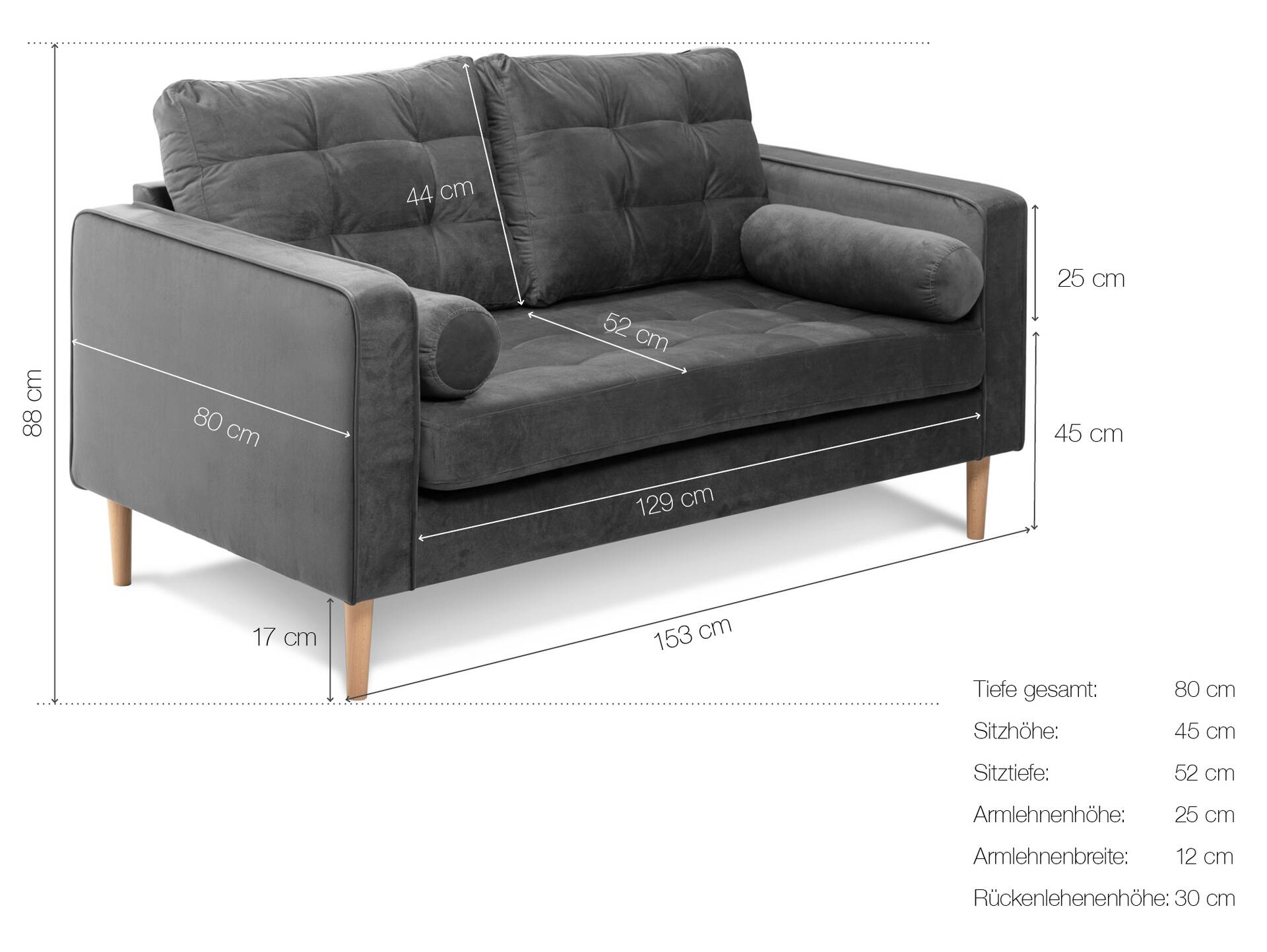 GLAMMI 2-Sitzer Sofa mit Samtbezug, Füße Buche massiv Grau