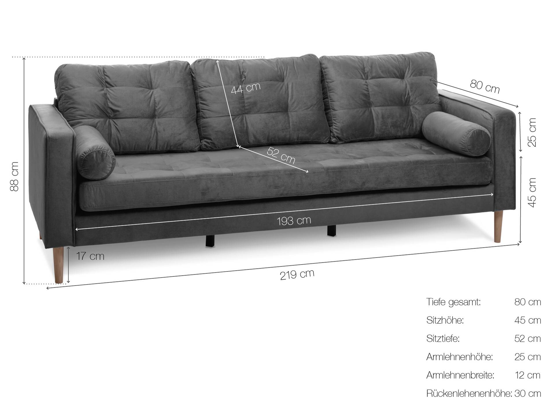 GLAMMI 3-Sitzer Sofa mit Samtbezug, Füße Buche massiv Grau