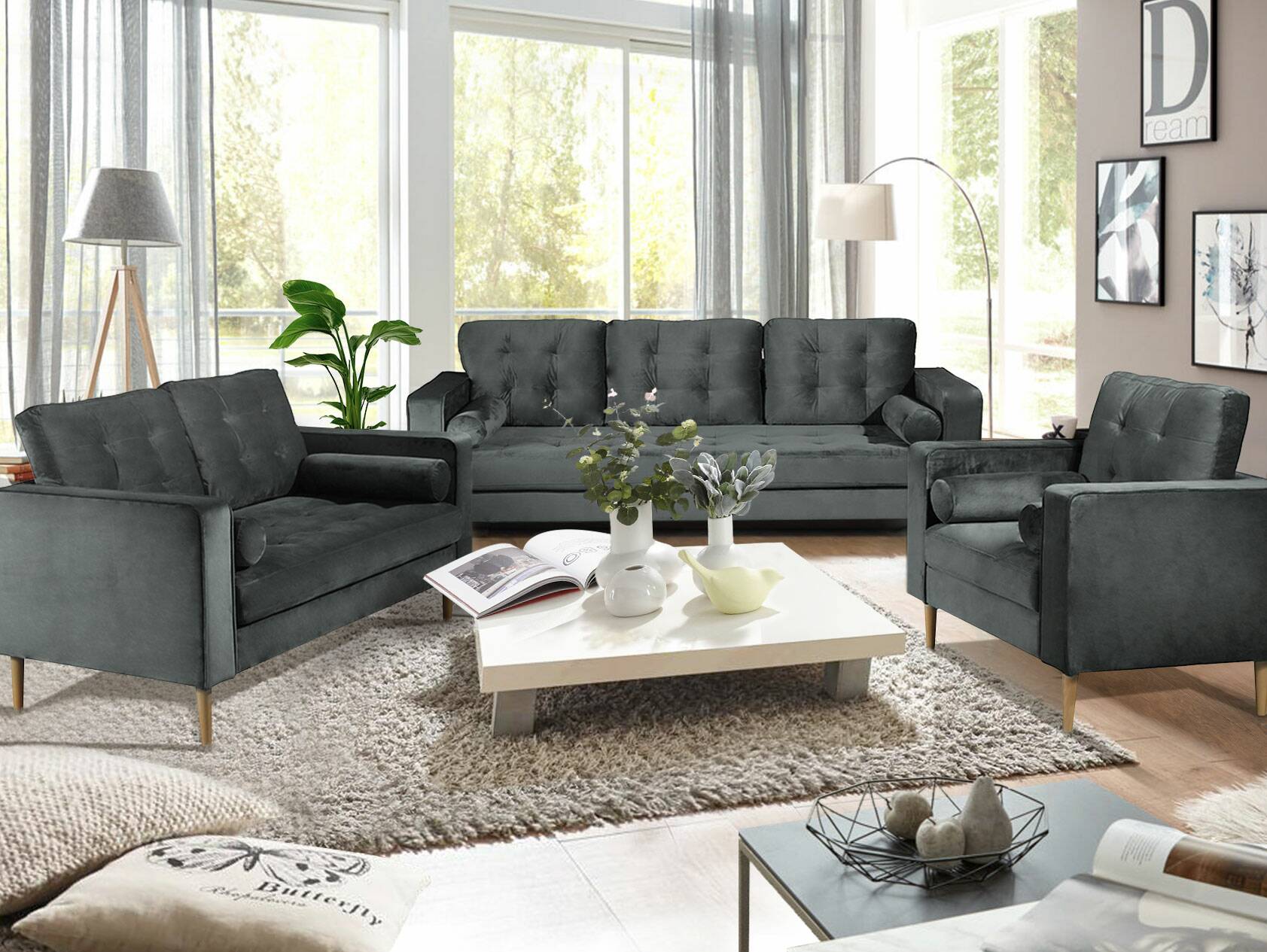GLAMMY 3-Sitzer Sofa mit Samtbezug, Füße Buche massiv 