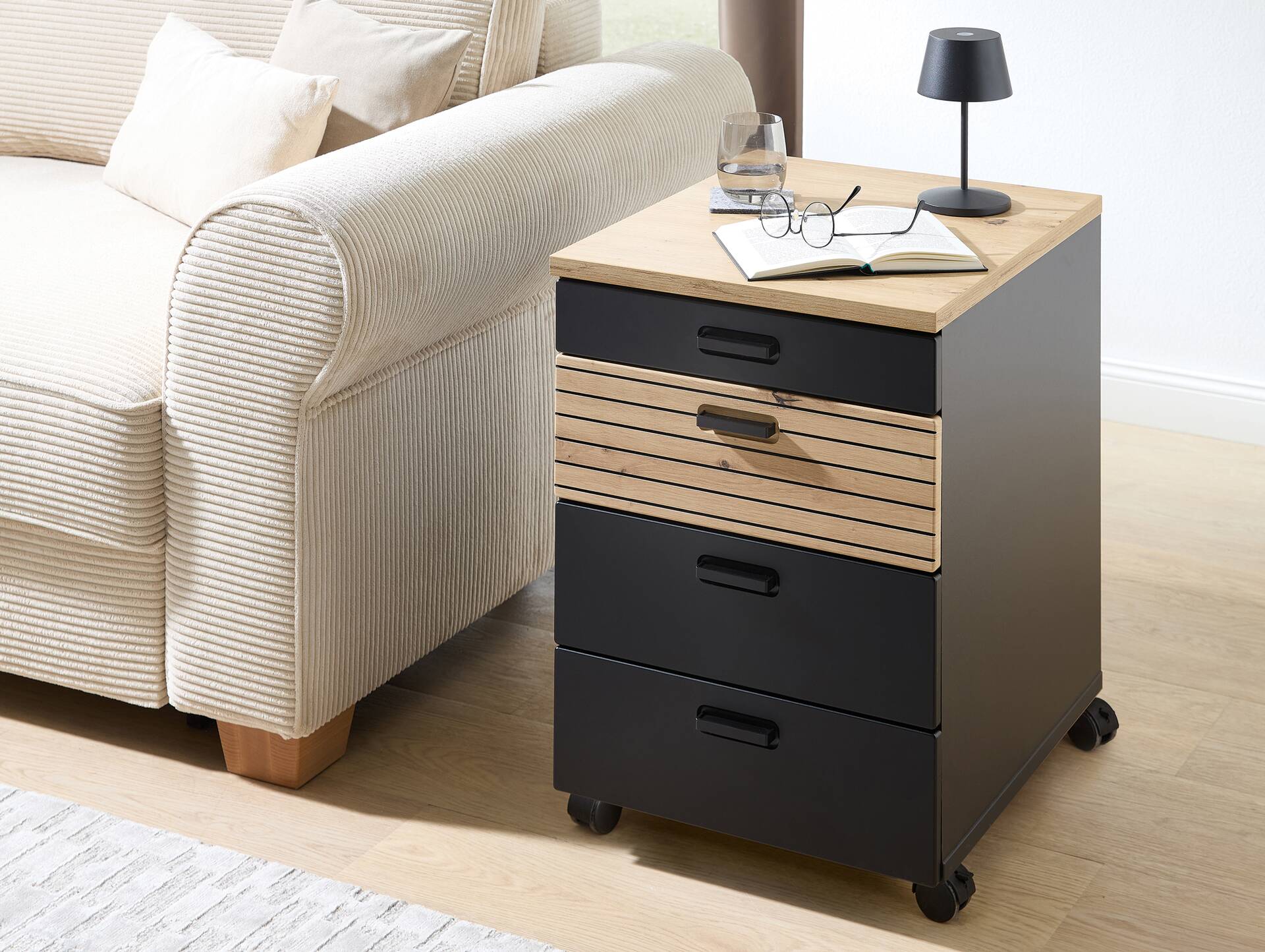 GENNY Rollcontainer, Material Dekorspanplatte Schwarz / Artisan Eichefarbig