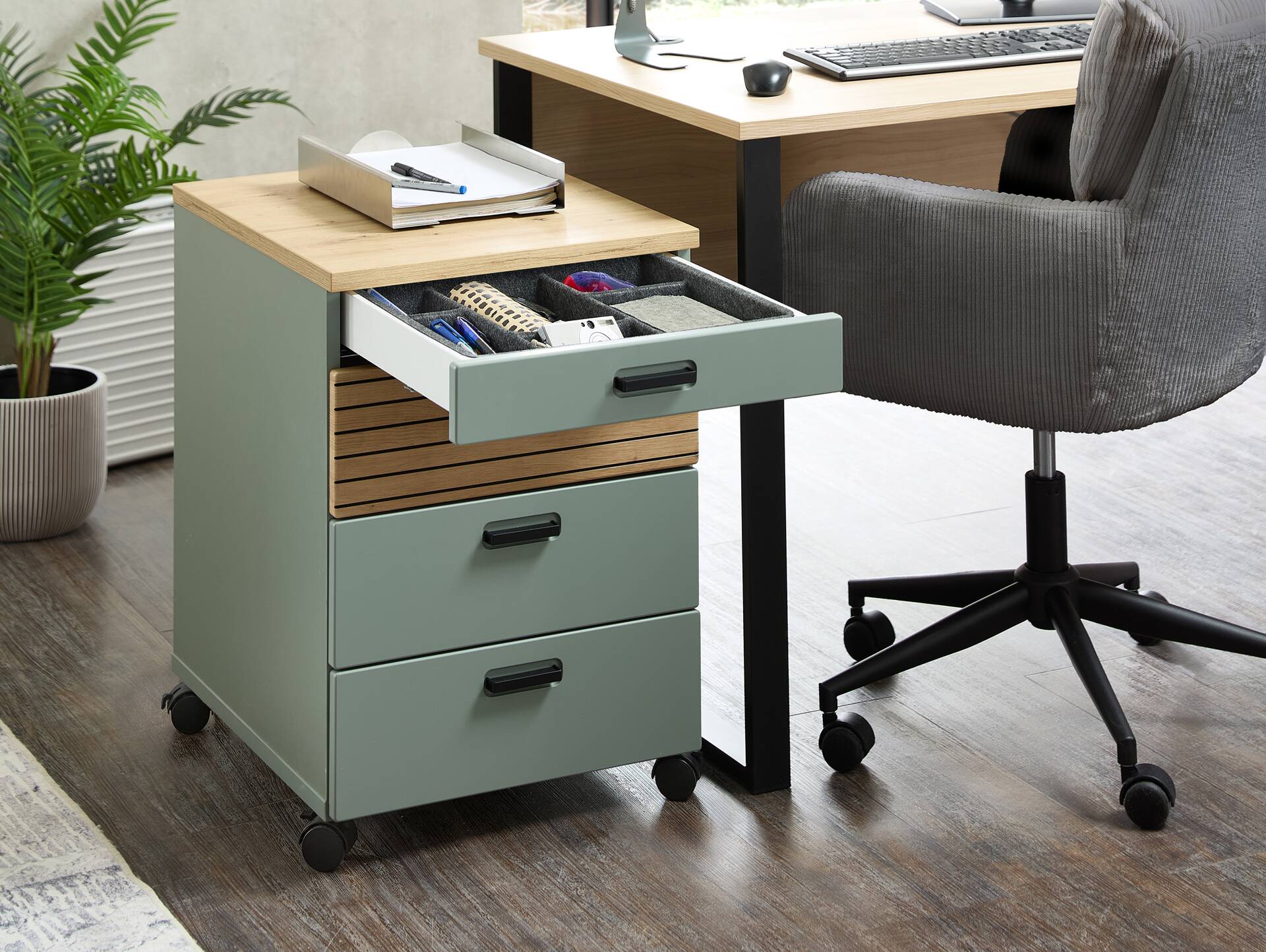 GENNY Rollcontainer, Material Dekorspanplatte Schilfgrün / Artisan Eichefarbig