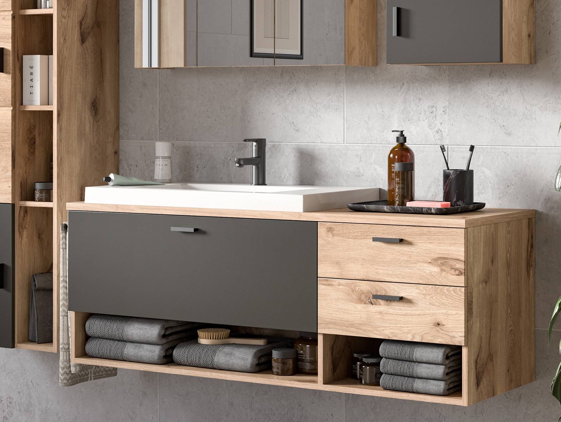 GOLDENBAY Waschtisch inkl. Becken, Material Dekorspanplatte, Nox Oak Nachbildung/Grau matt 