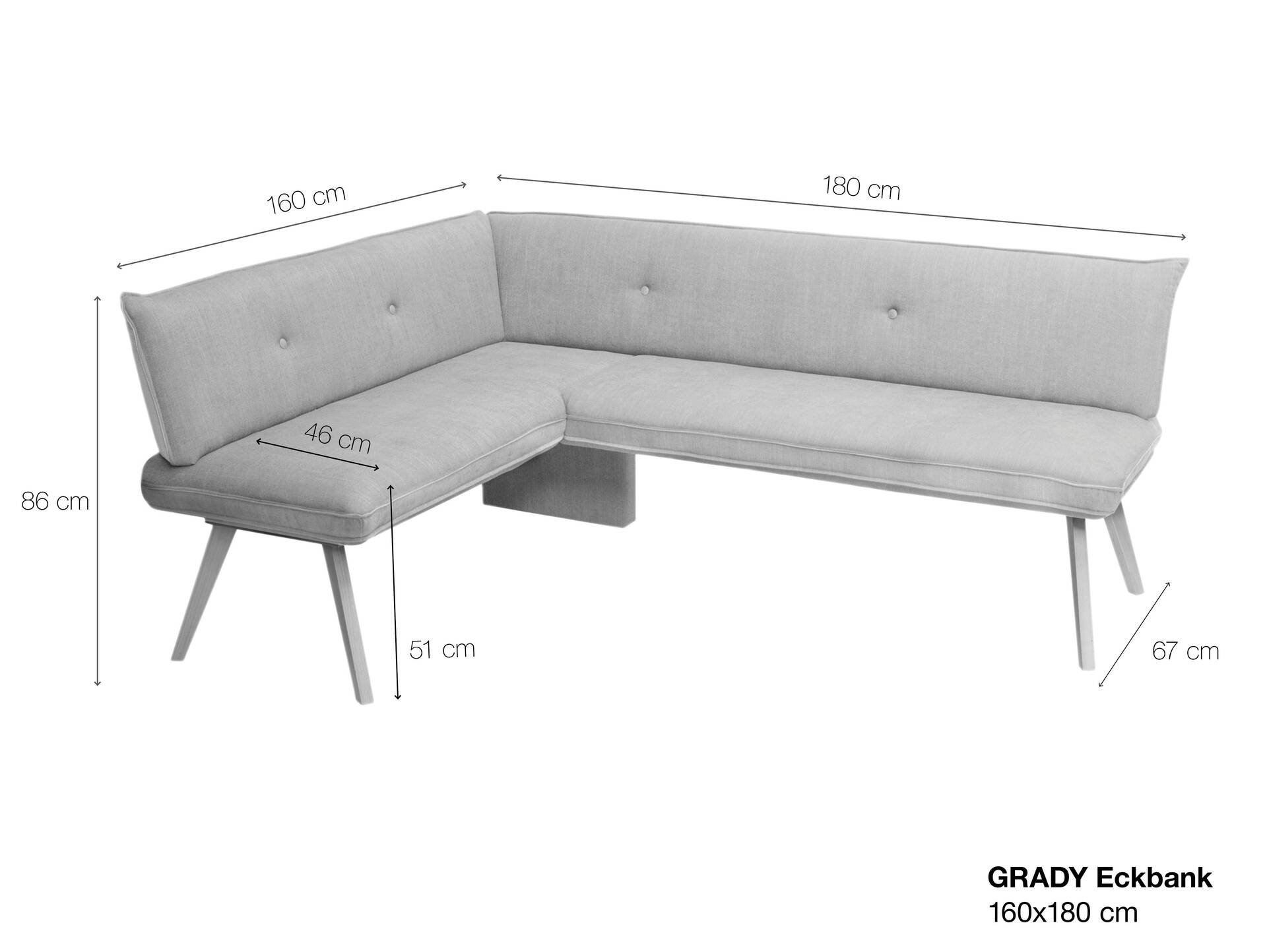GRADY I Eckbank, Gestell Massivholz/Stoffbezug 160 x 180 cm | grau
